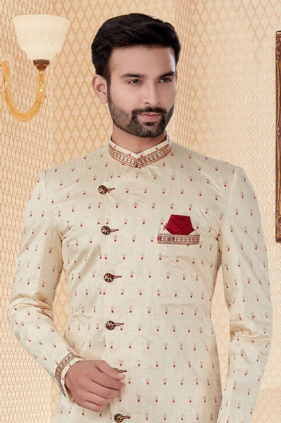 Cream Colour Jacquard Sherwani SH1040272 A