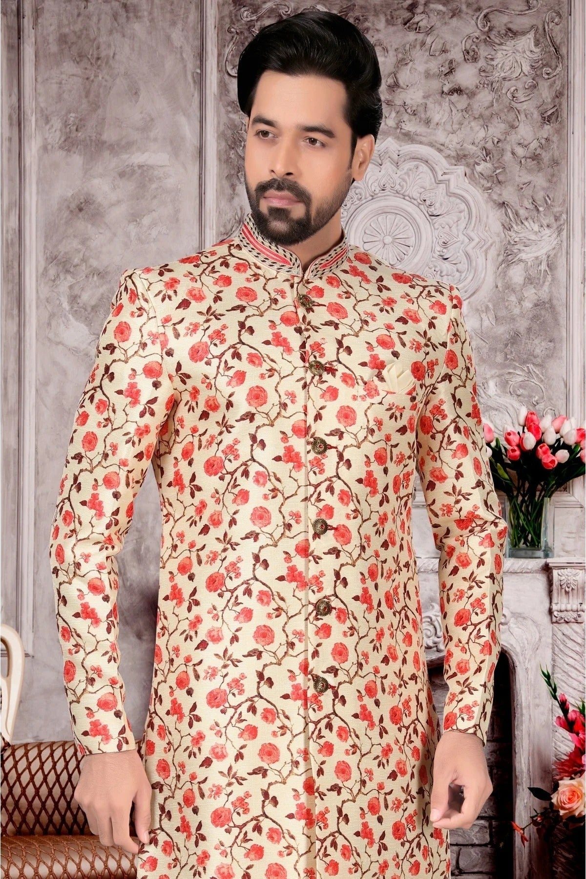 Cream Colour Jacquard Sherwani SH1040300 A