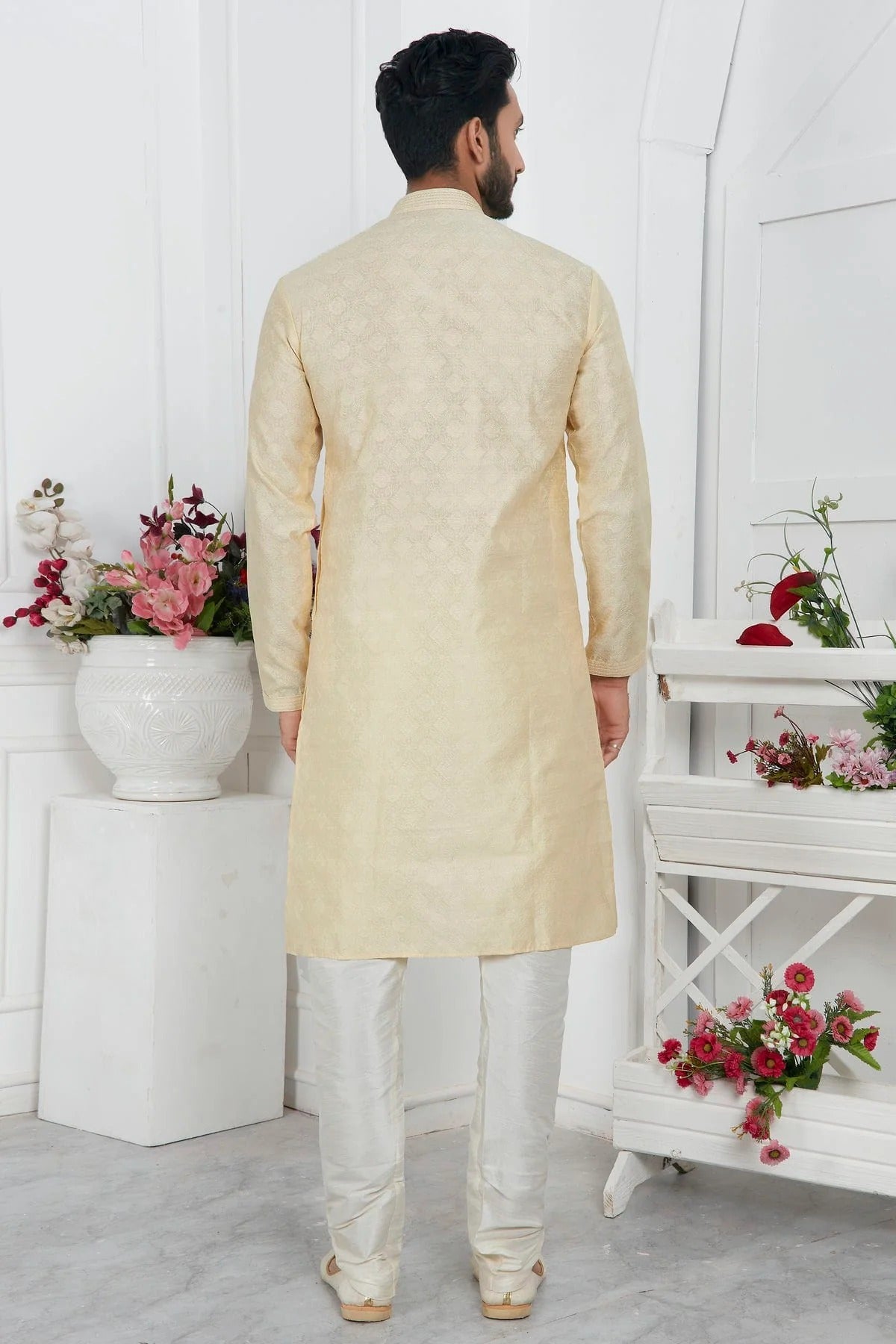 Cream Colour Jacquard Silk Brocade Kurta Pajama KP1230224 B