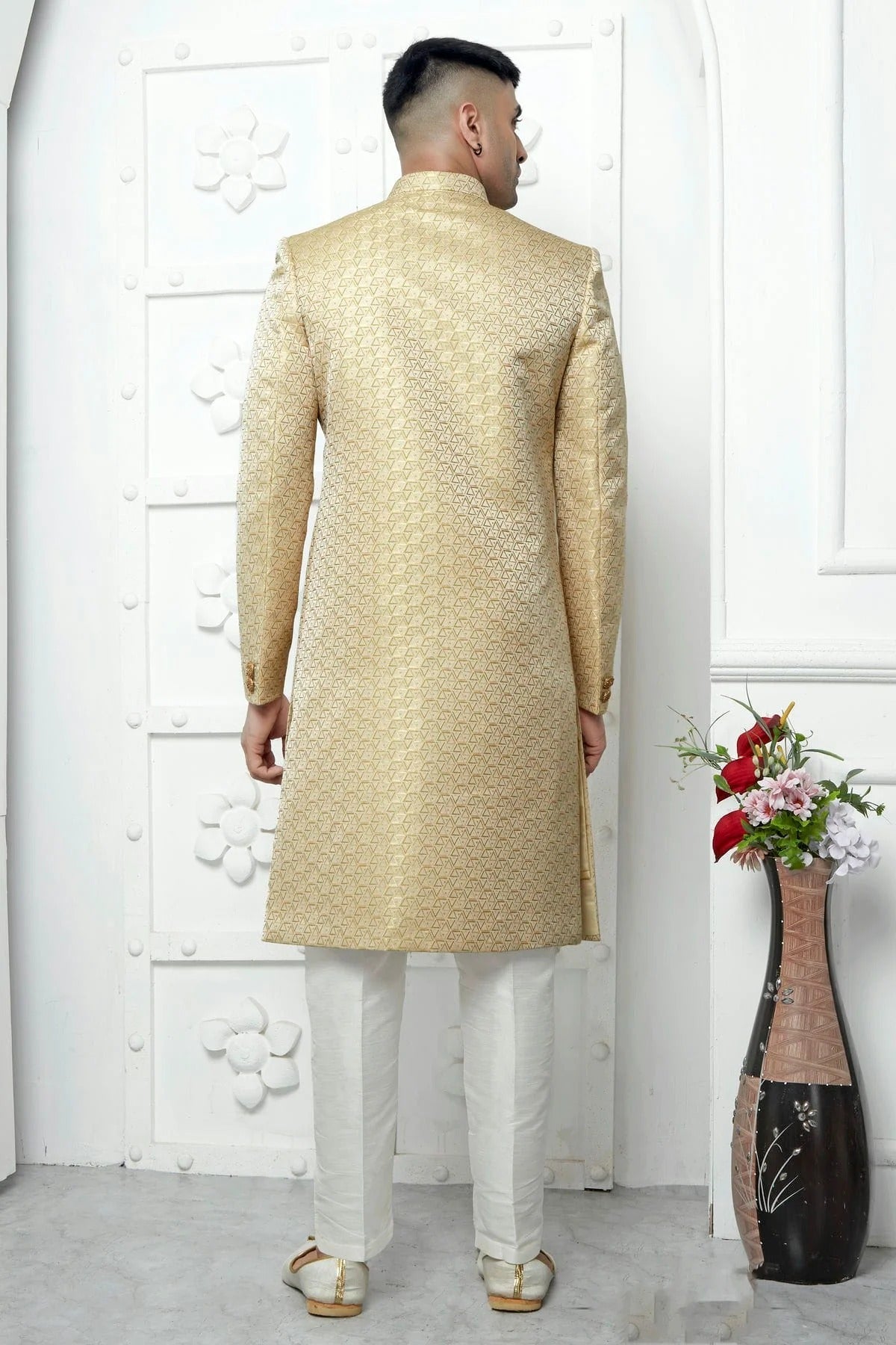 Cream Colour Jacquard Silk Indowestern Sherwani With Aligadhi Pant SH1230042 B