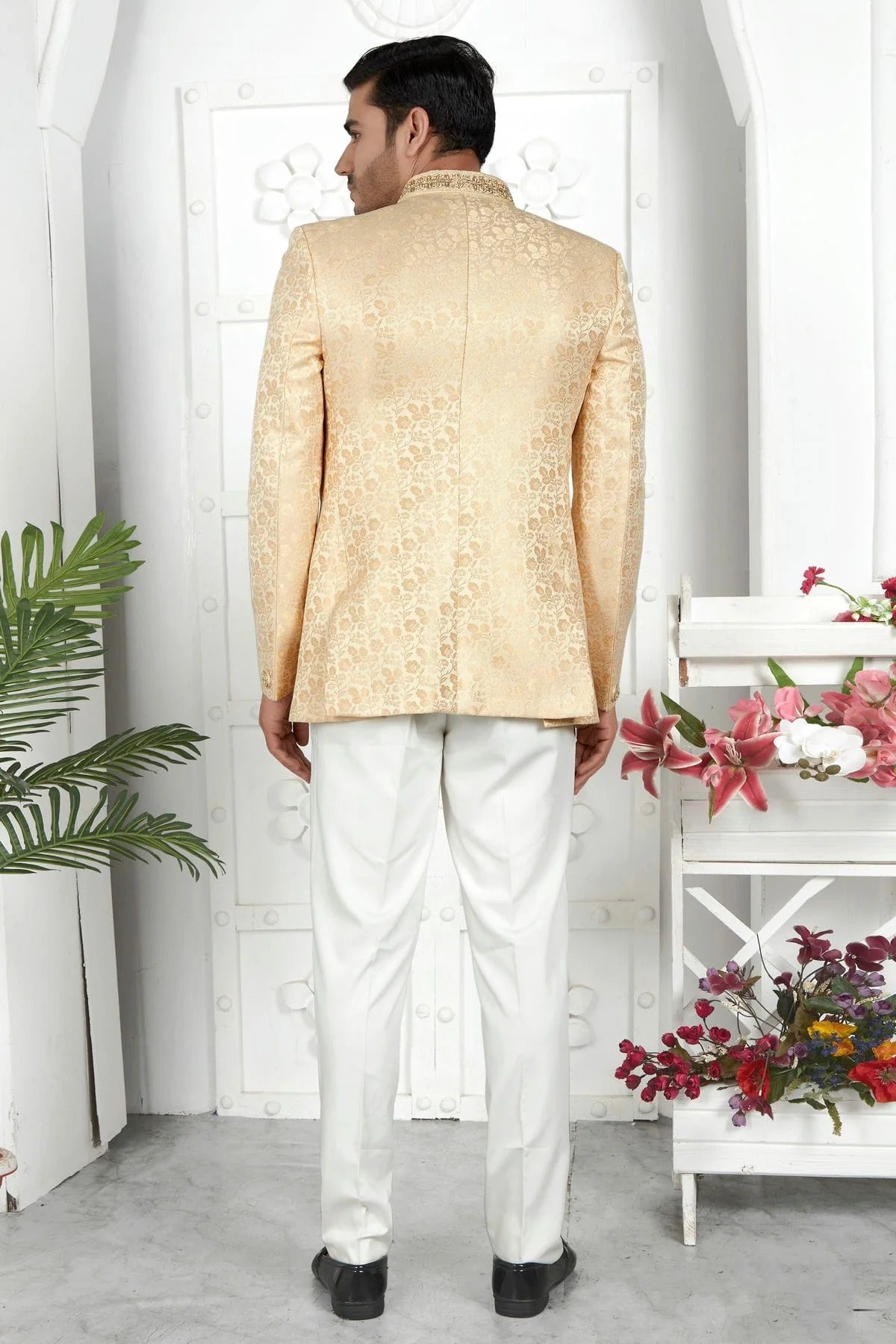 Cream Colour Jacquard Silk Jodhpuri Jacket JP1230104 B