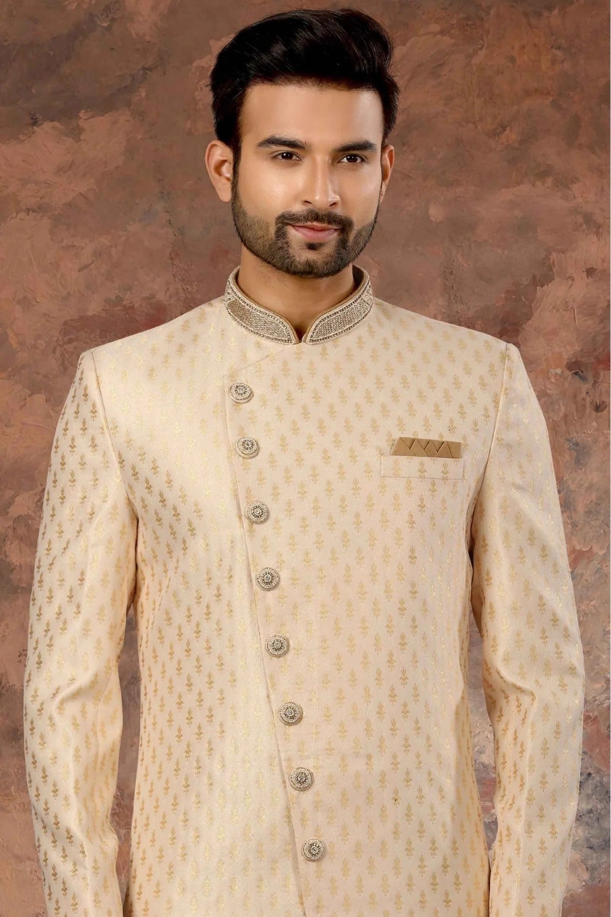 Cream Colour Jacquard Woven Sherwani SH1040316 A