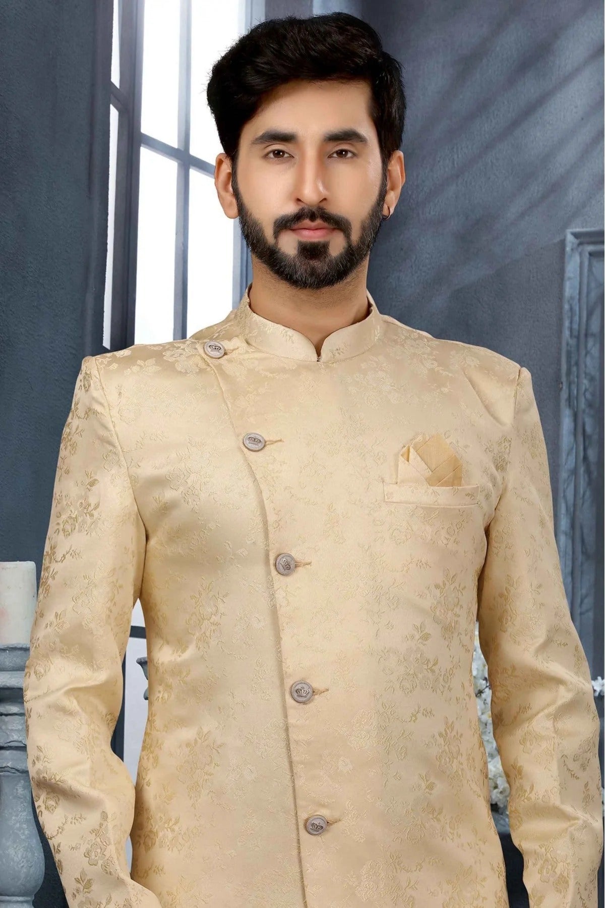 Cream Colour Jacquard Woven Sherwani SH1040323 A