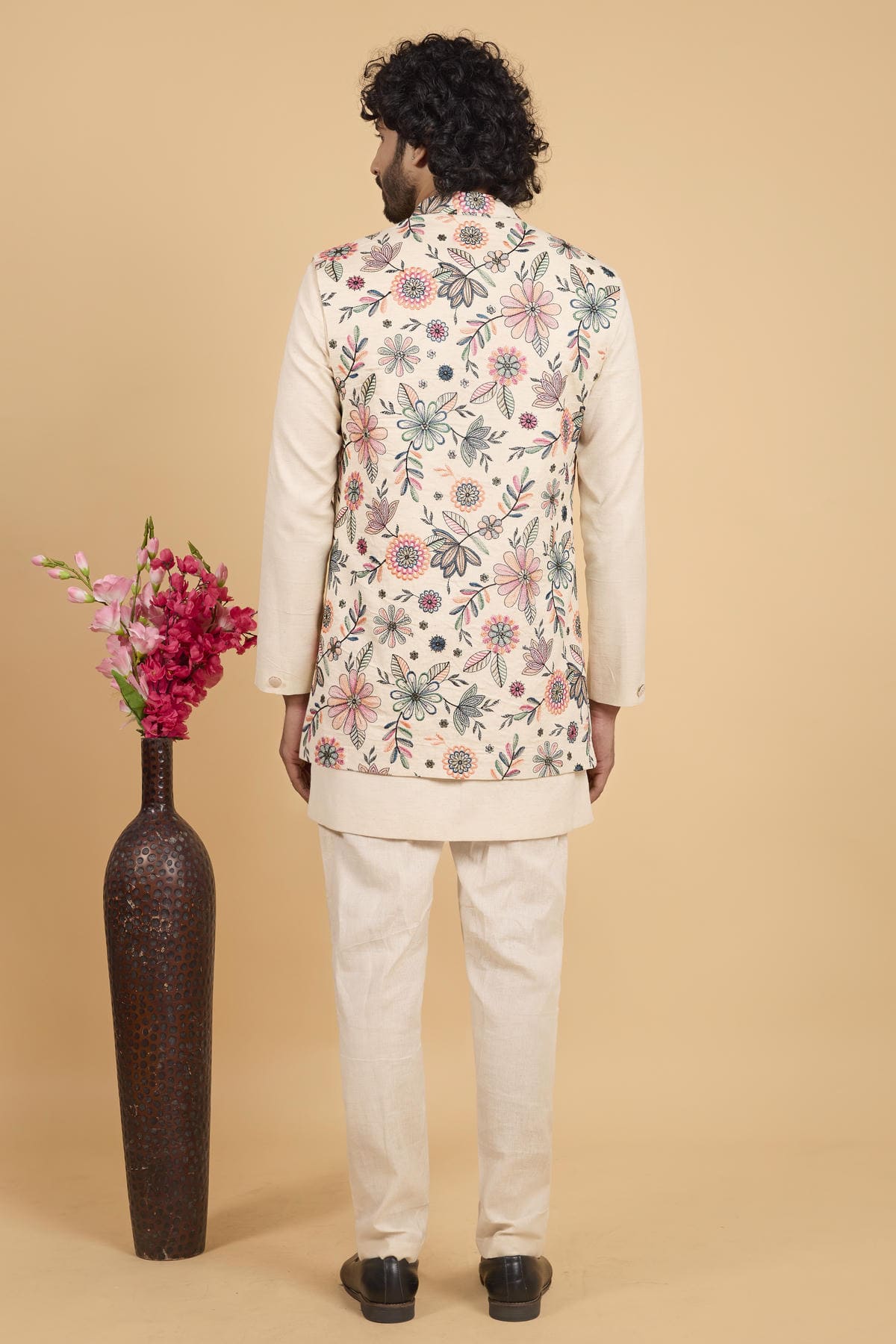 Cream Colour Khadi Art Silk Pintux Work Kurta Pajama With Jacket