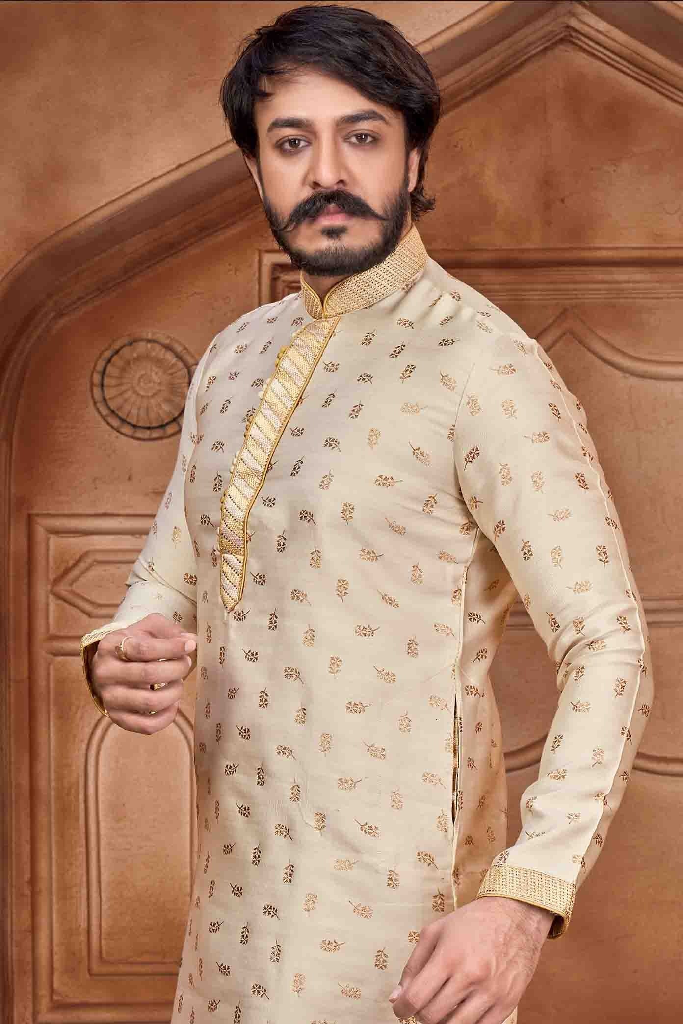 Cream Colour Kurta Pajama In Jacquard Silk KP1210059 A