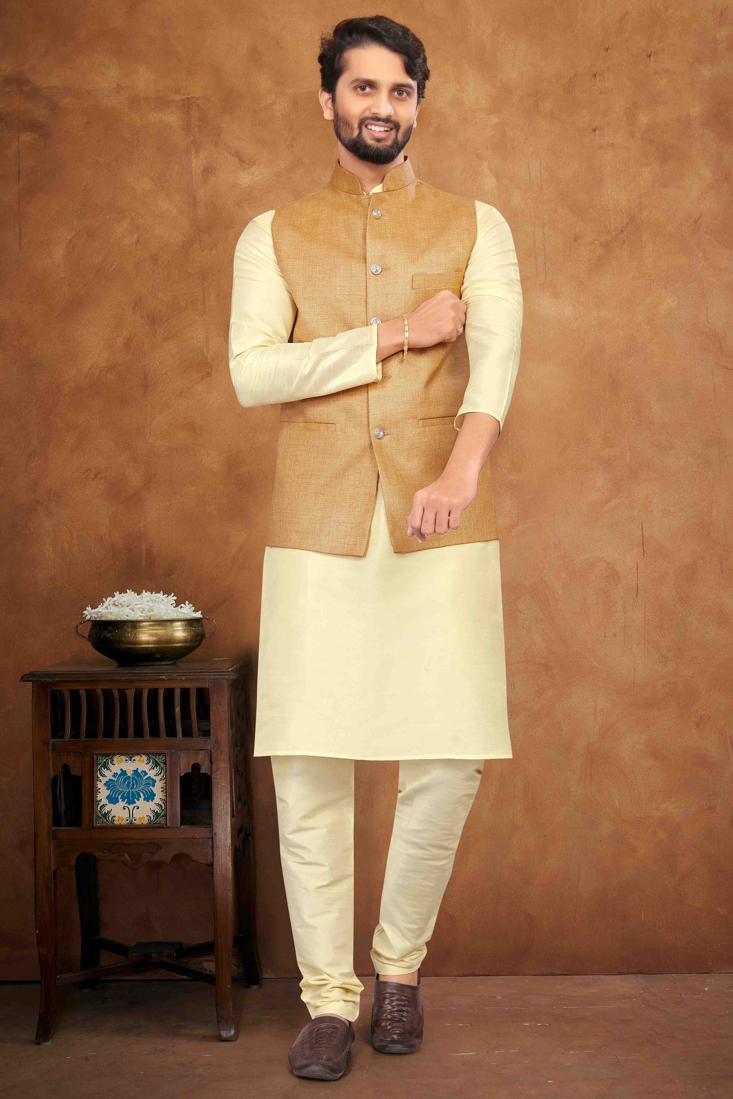 Cream Colour Kurta Pajama With Jacket In Silk KP1210461 A
