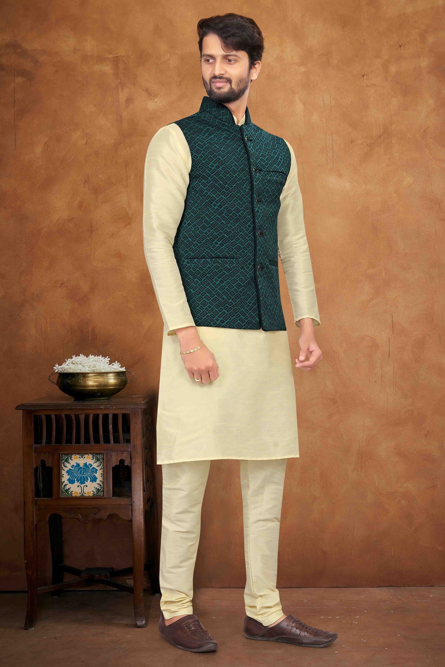 Cream Colour Kurta Pajama With Jacket In Silk KP1210462 A