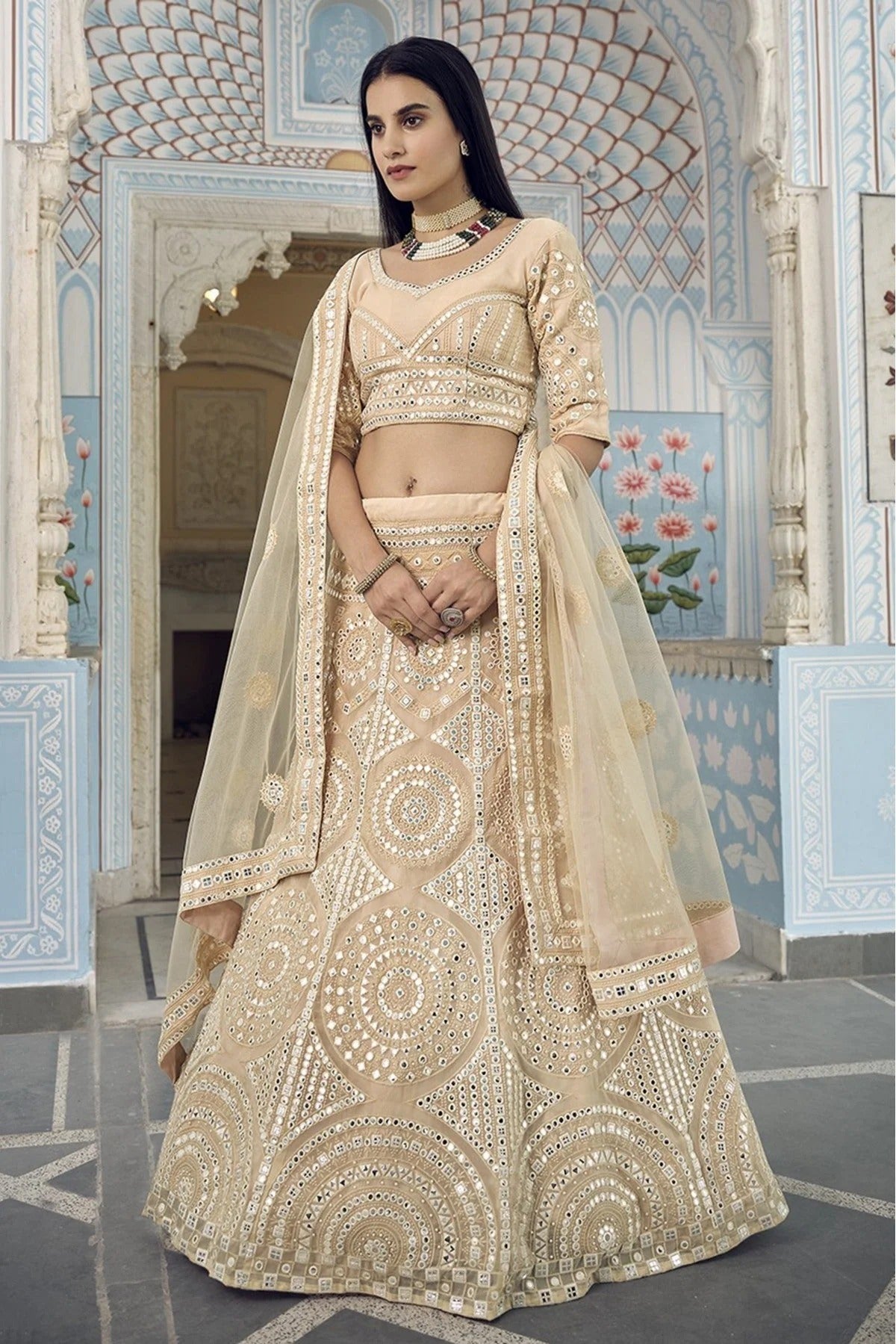 Cream Colour Organza Thread Work Lehenga Choli LC1080588
