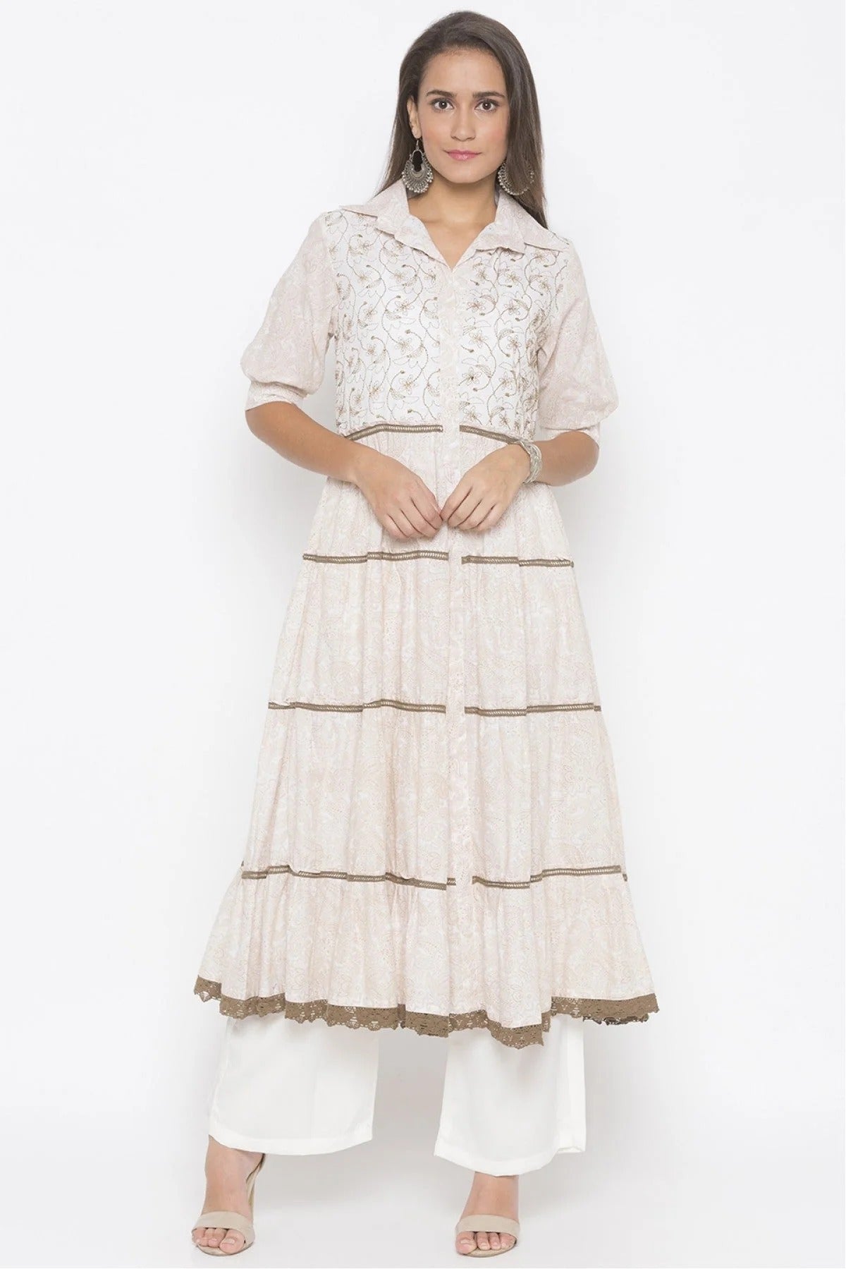 Cream Colour Plus Size Cotton Embroidery Kurta Set KR1070616