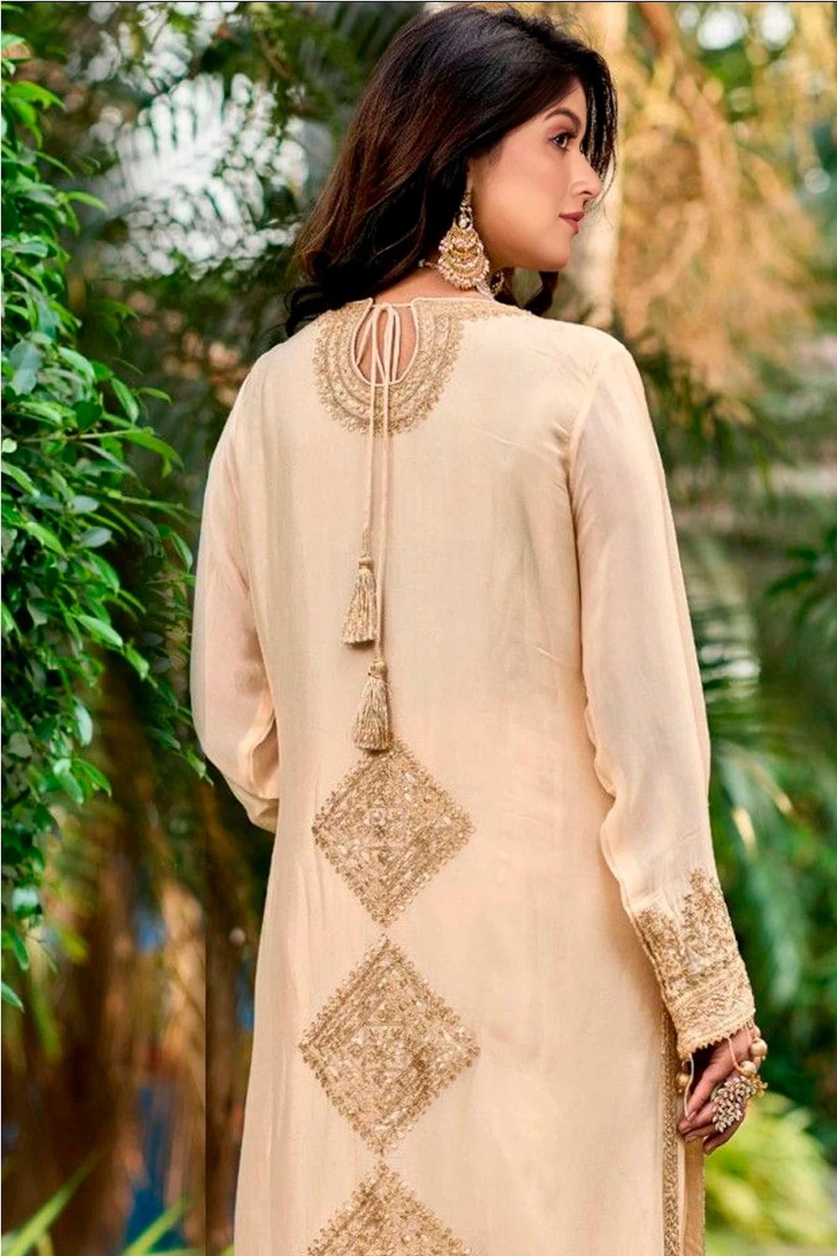 Cream Colour Pure Chinon Pant Style Suit SM1140122 A