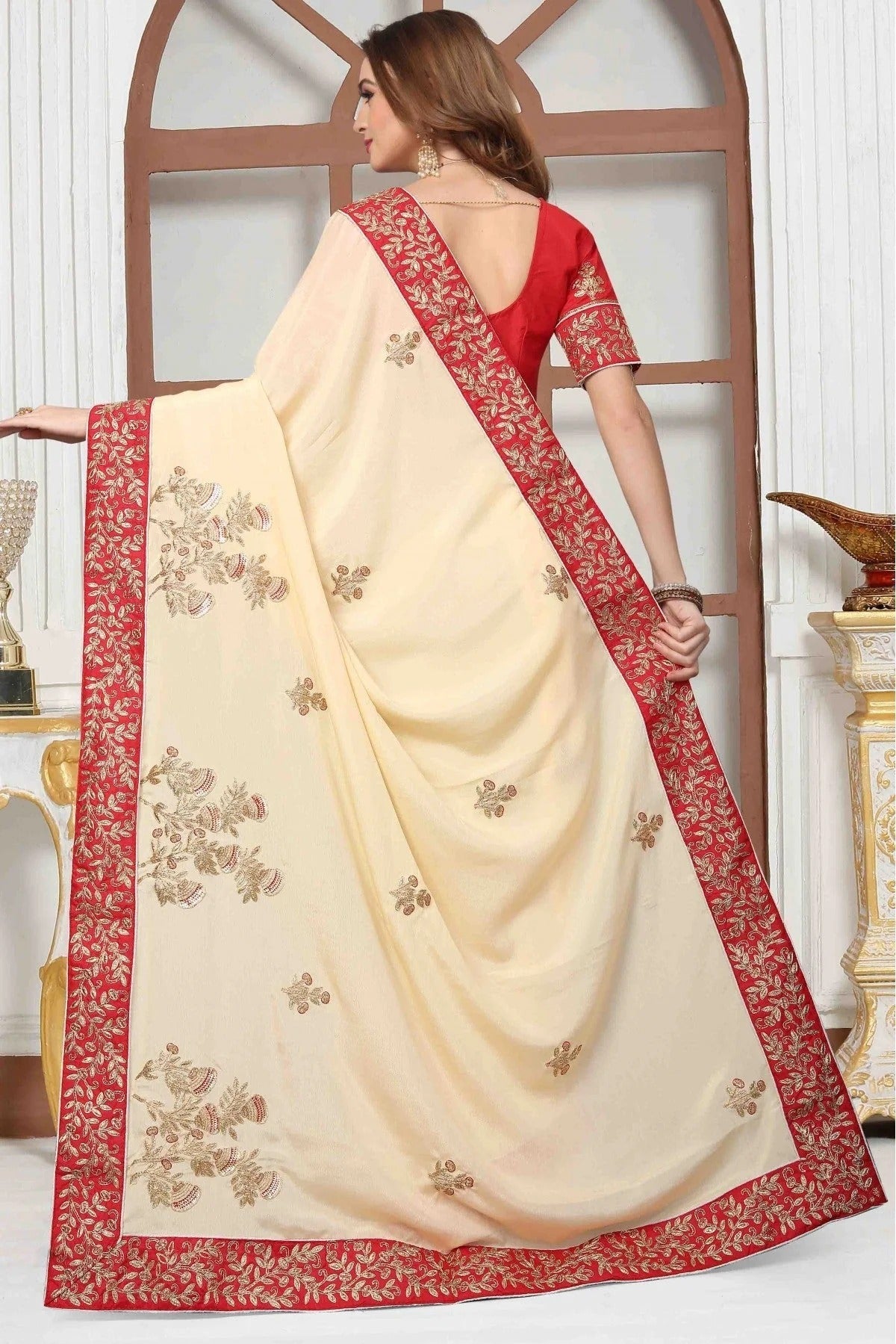 Cream Colour Pure Satin Designer Saree SD1120453 A
