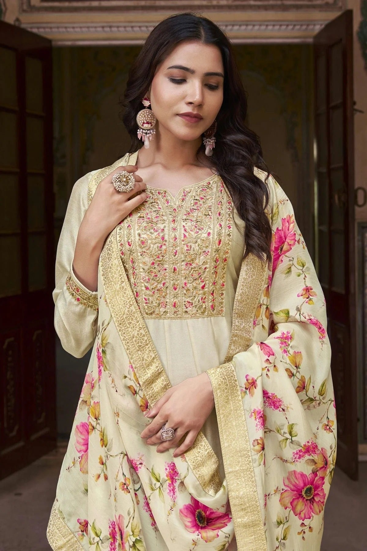 Cream Colour Semi Stitched Silk Anarkali Suit SM1140248 A