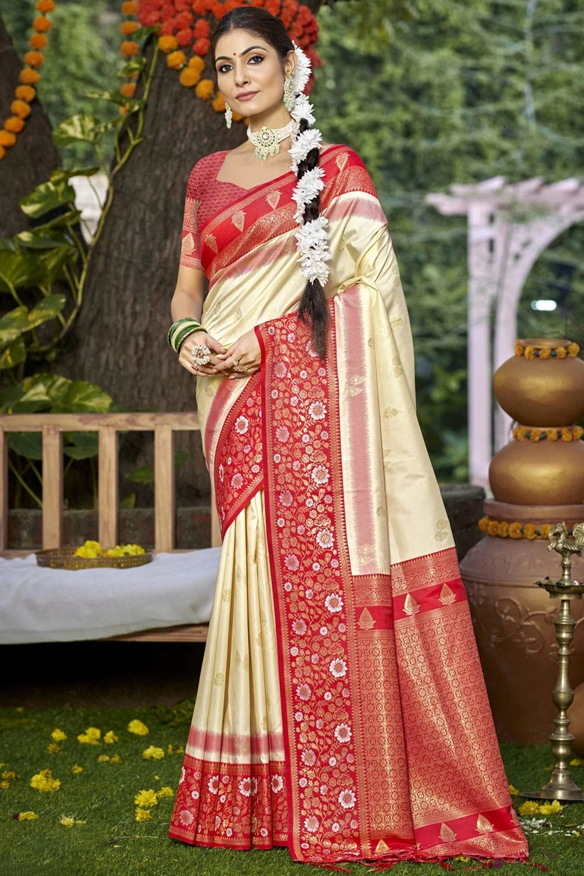 Cream Colour Silk Woven Work Traditional Saree SD1102789