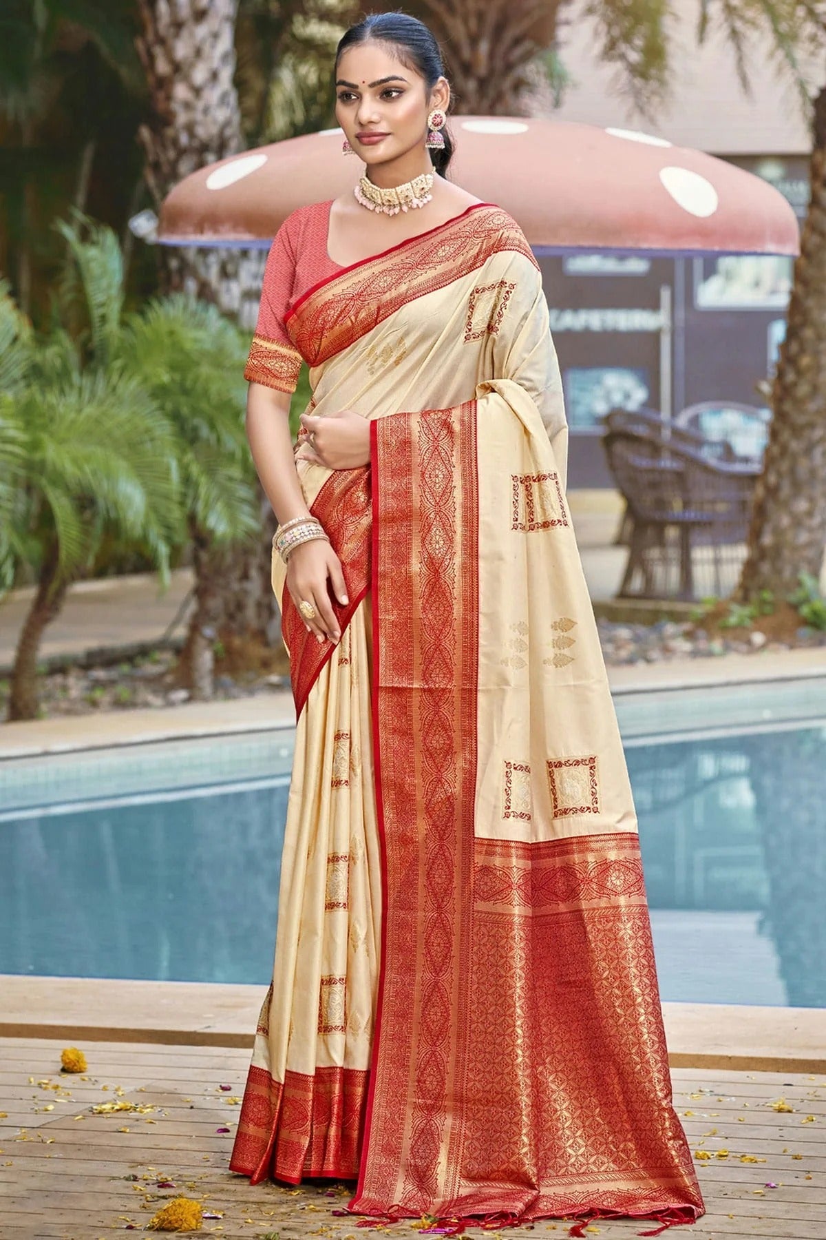 Cream Colour Silk Woven Work Traditional Saree SD1102946