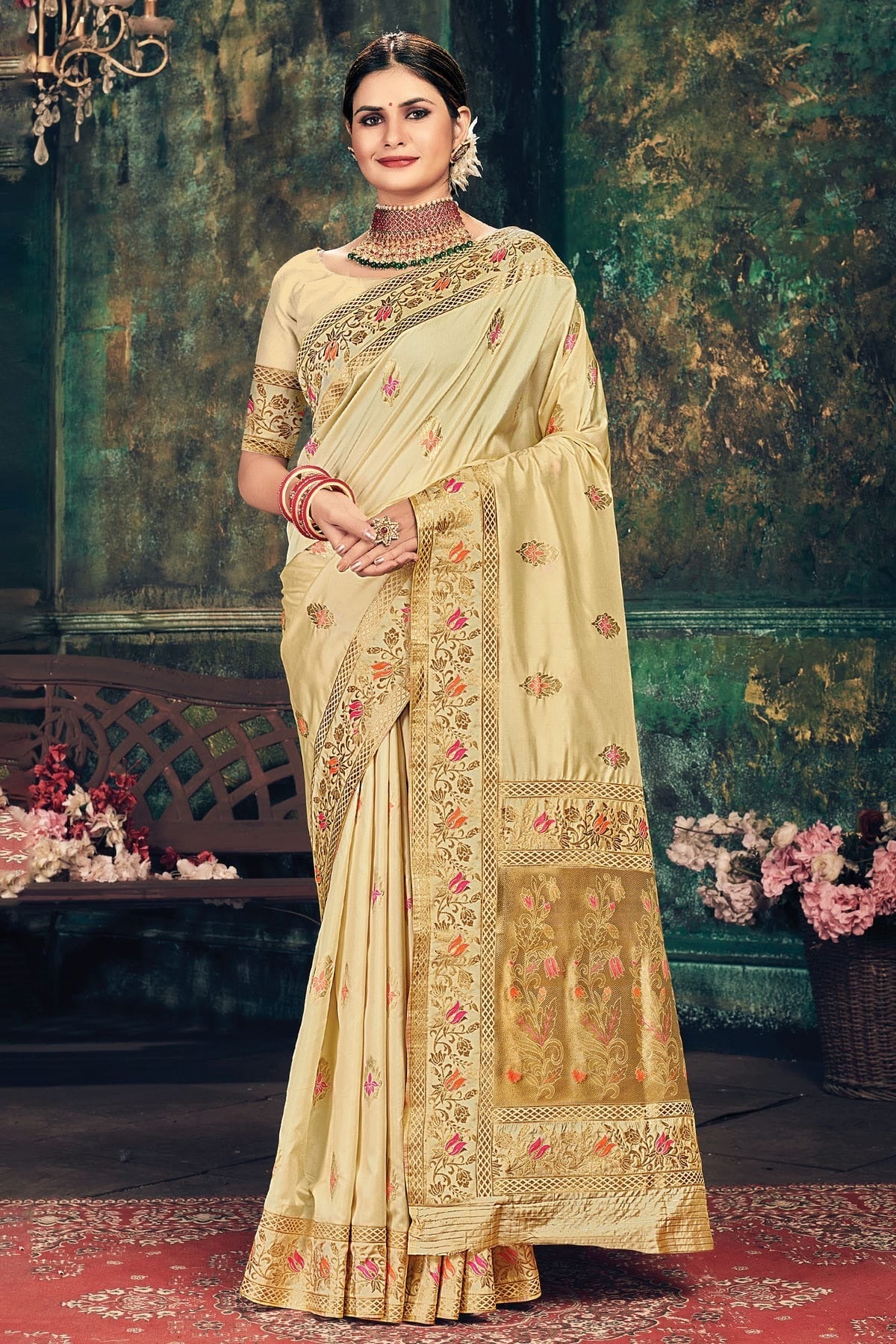 Cream Colour Woven Work Banarasi Silk Saree SD1101276