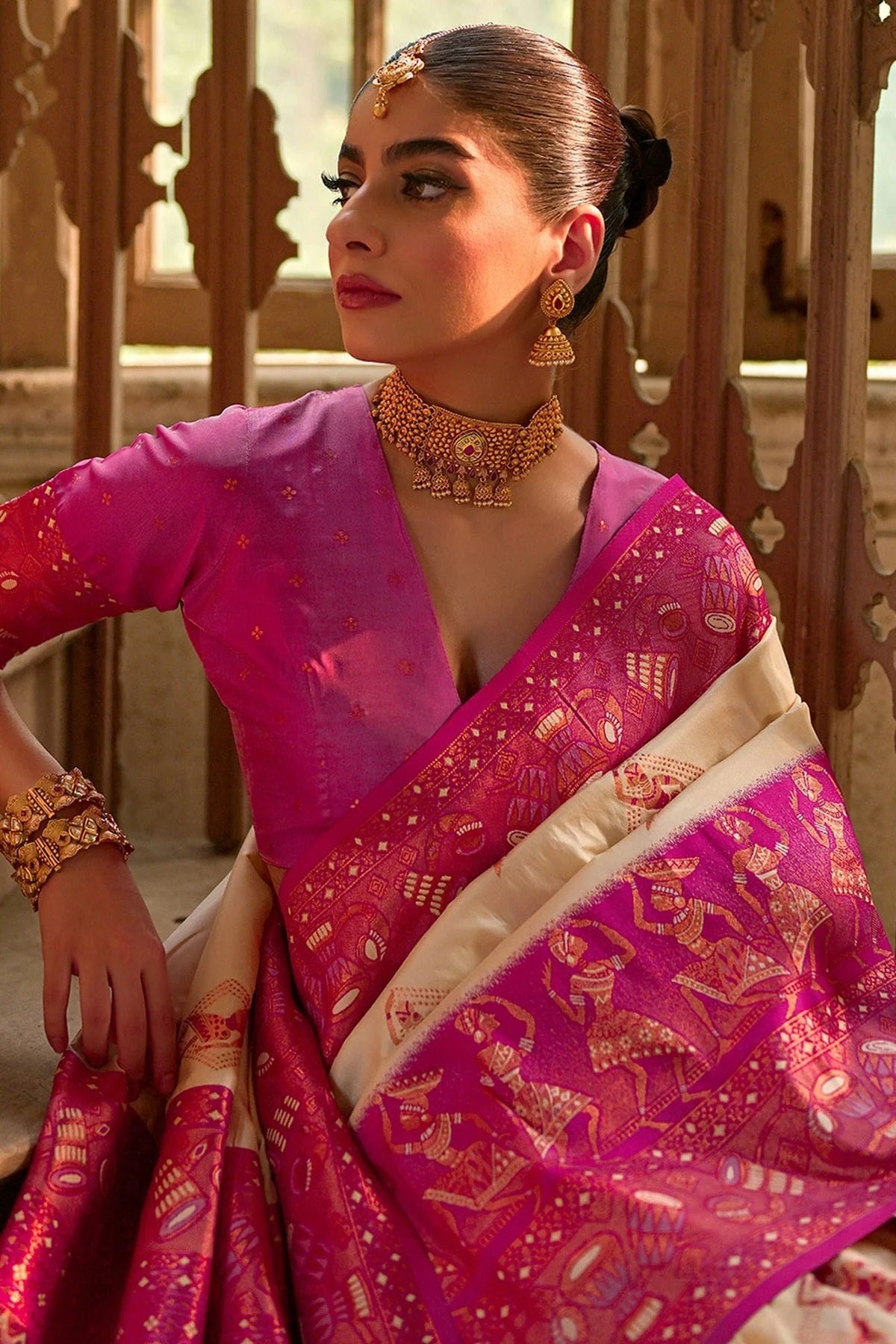 Cream Colour Woven Work Banarasi Silk Saree SD1260008 B