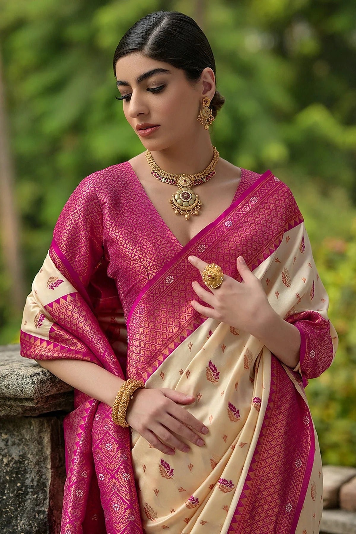 Cream Colour Woven Work Banarasi Silk Saree SD1260015 B