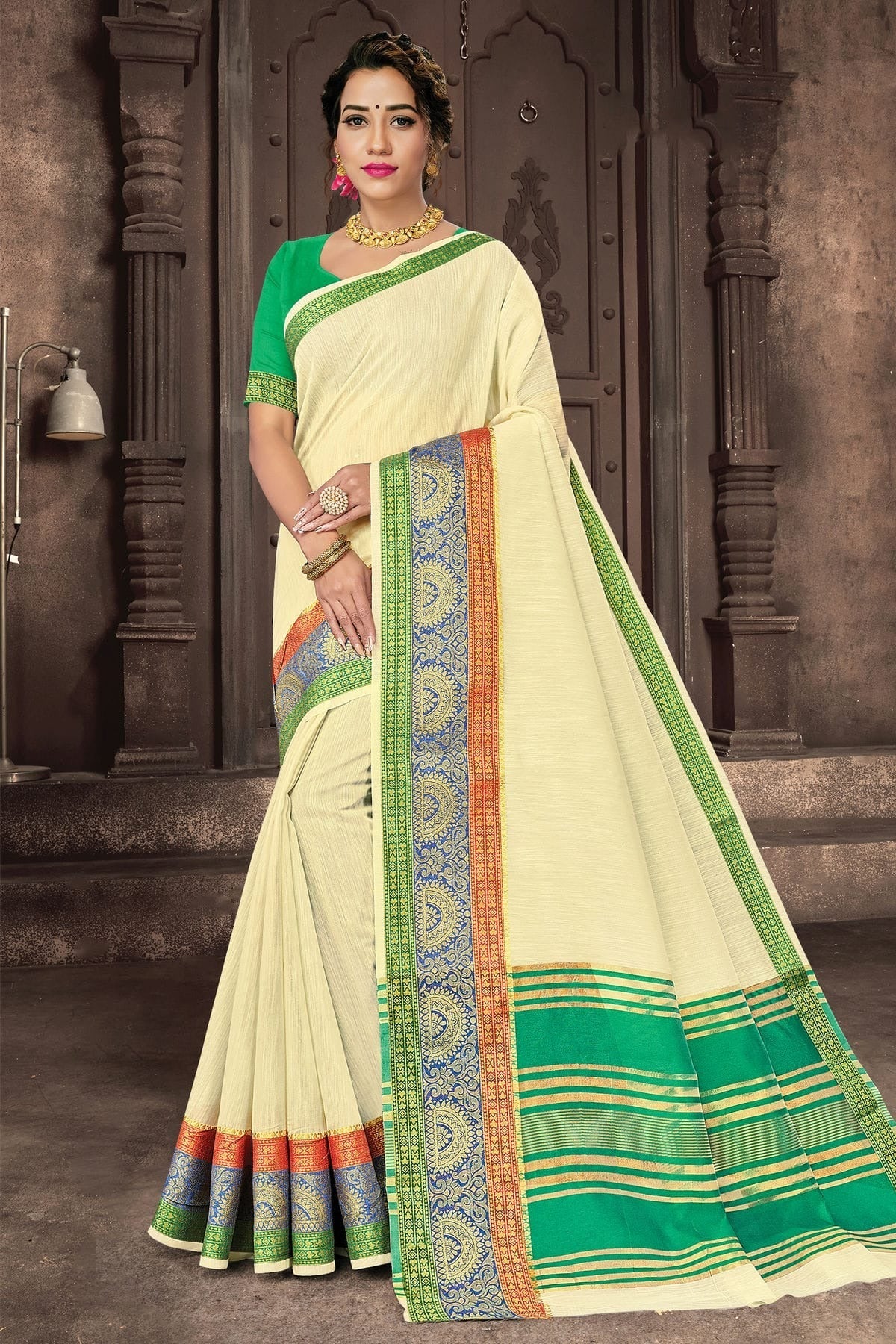 Cream Colour Woven Work Cotton Handloom Saree SD1101269