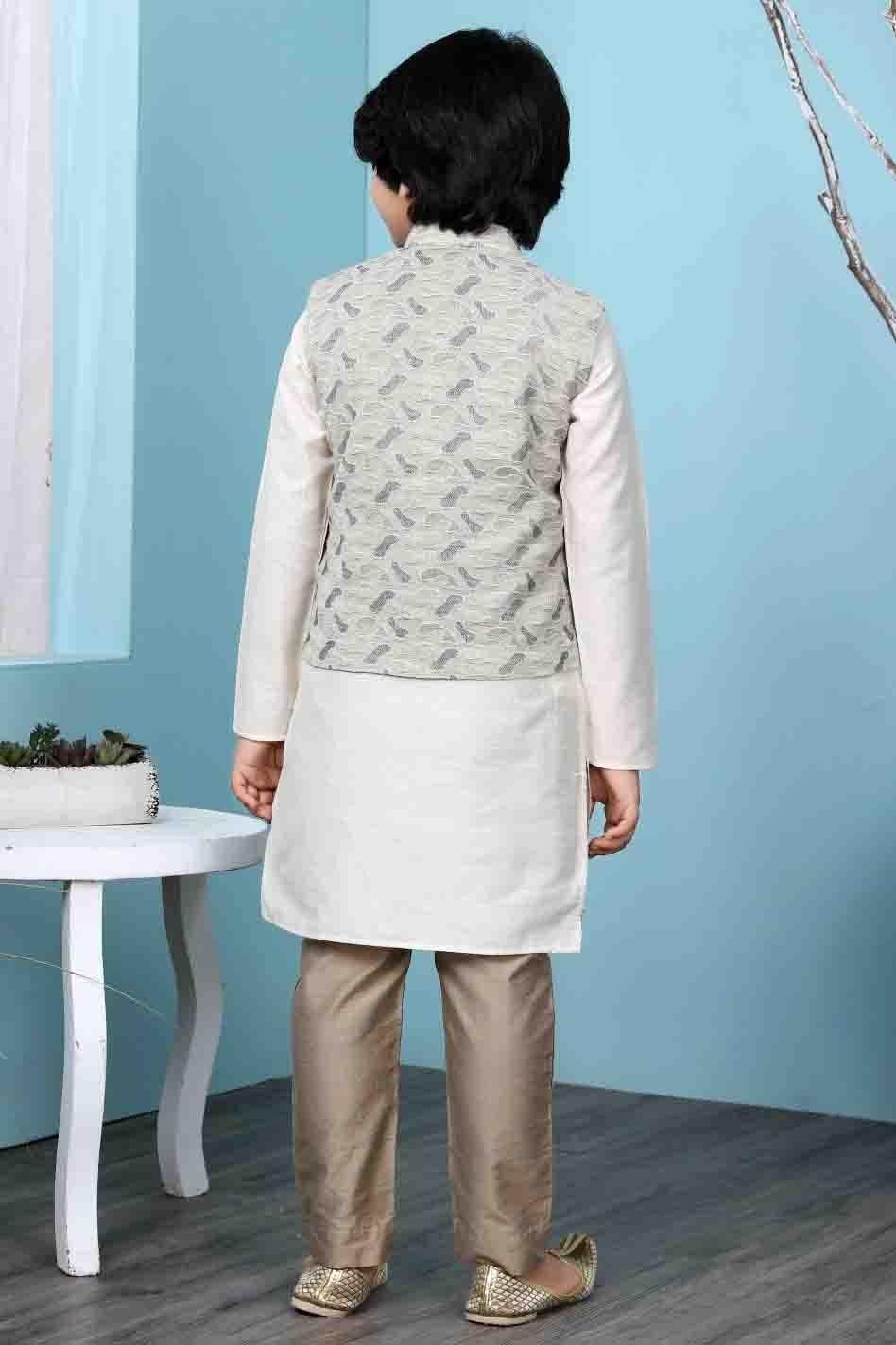 Cream and Beige Colour Cotton Silk Kurta Pajama With Jacket BW1070115 C