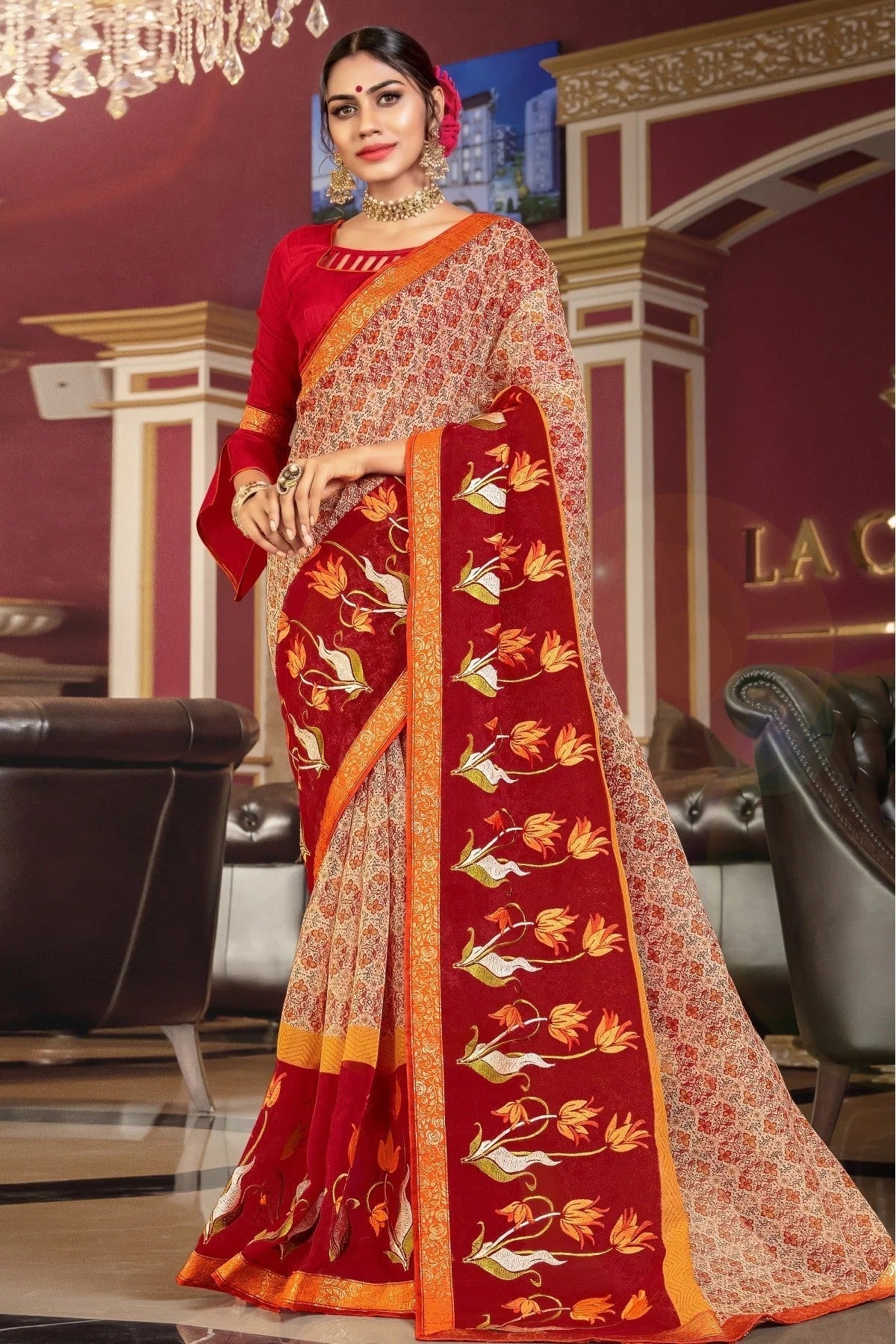 Cream and Maroon Colour Kota Printed Saree SD1100749