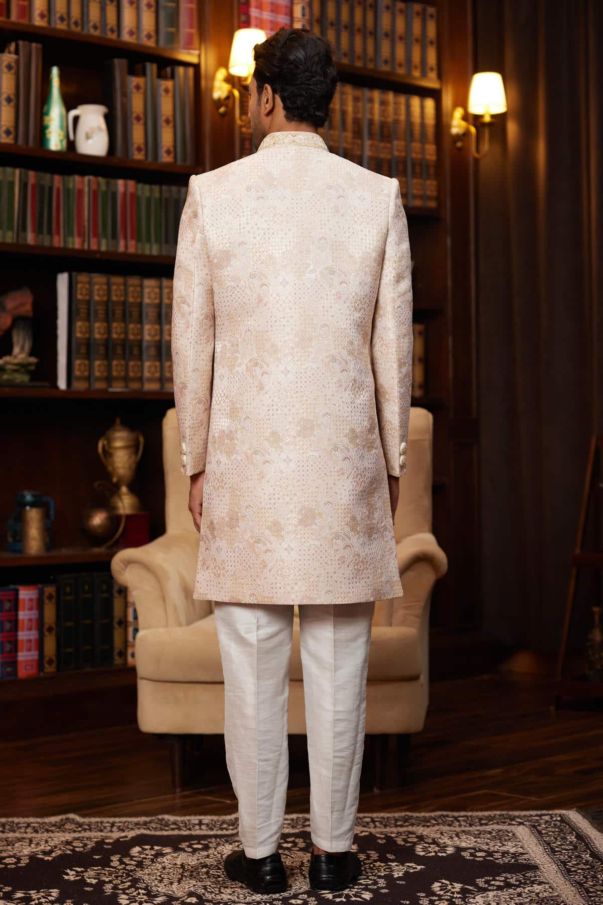 Cream and Pink Colour Jacquard Silk Embroidery Work Indo Western