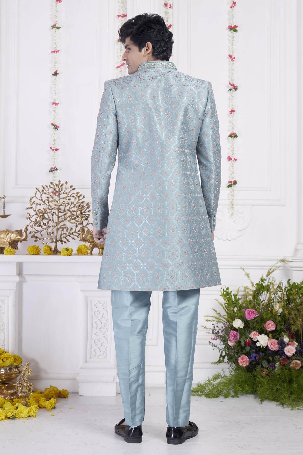 Cyan Art Silk Embroidery Work 3 Pcs Jacket Set