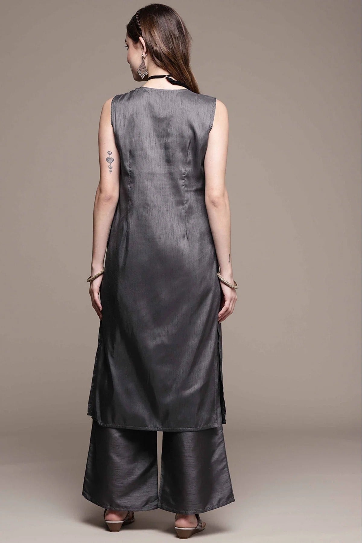 Dark Grey Colour Poly Silk Printed Kurta With Palazzo KR1060024 C