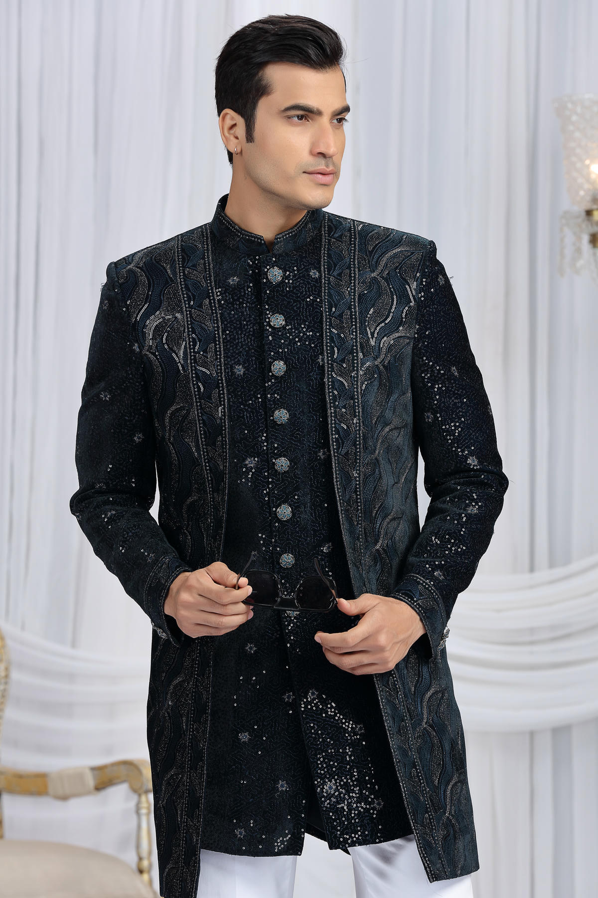 Dark Teal Green Colour Velvet Silk Embroidery Work 3 Pcs Attach Indo Sherwani
