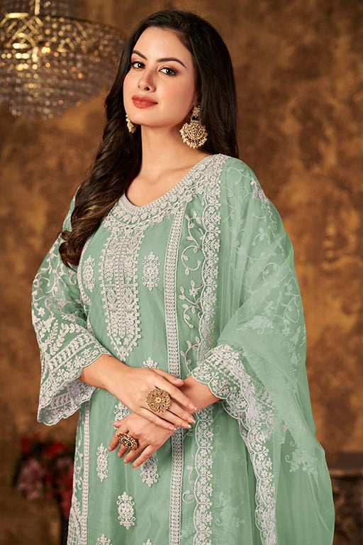 Dusty Green Colour Net Semi Stitched Palazzo Pant Suit SM1050338 A