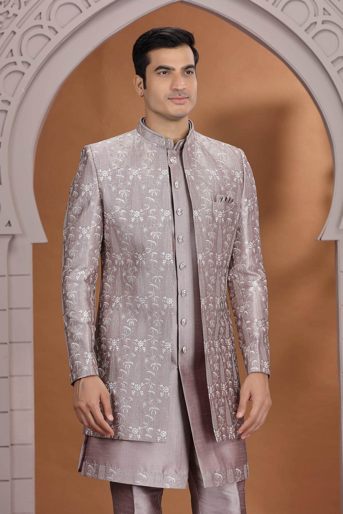 Dusty Grey Colour Art Silk Embroidery 3 Pcs Indo Western