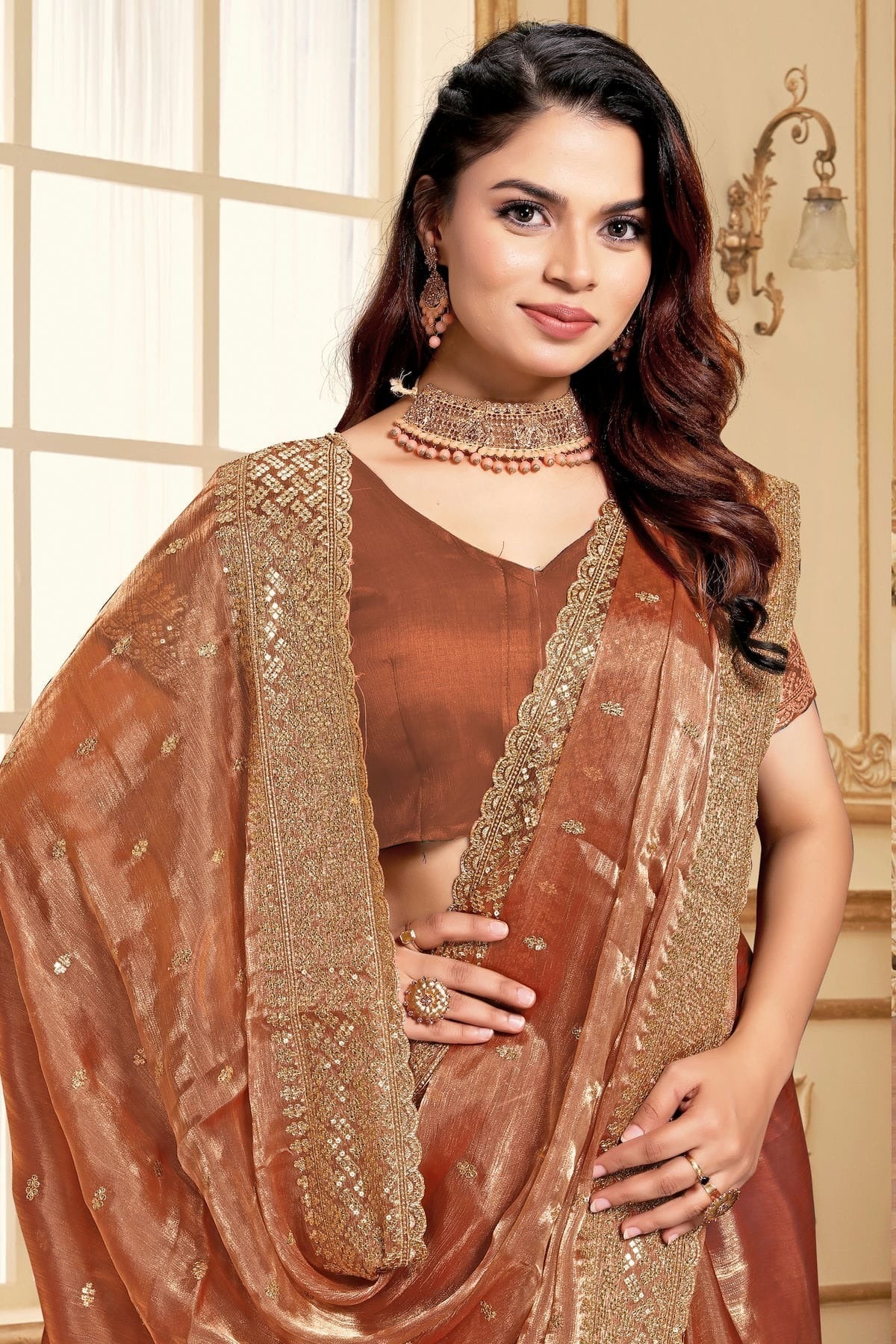 Dusty Peach Colour Burberry Silk Designer Saree SD1121847 A