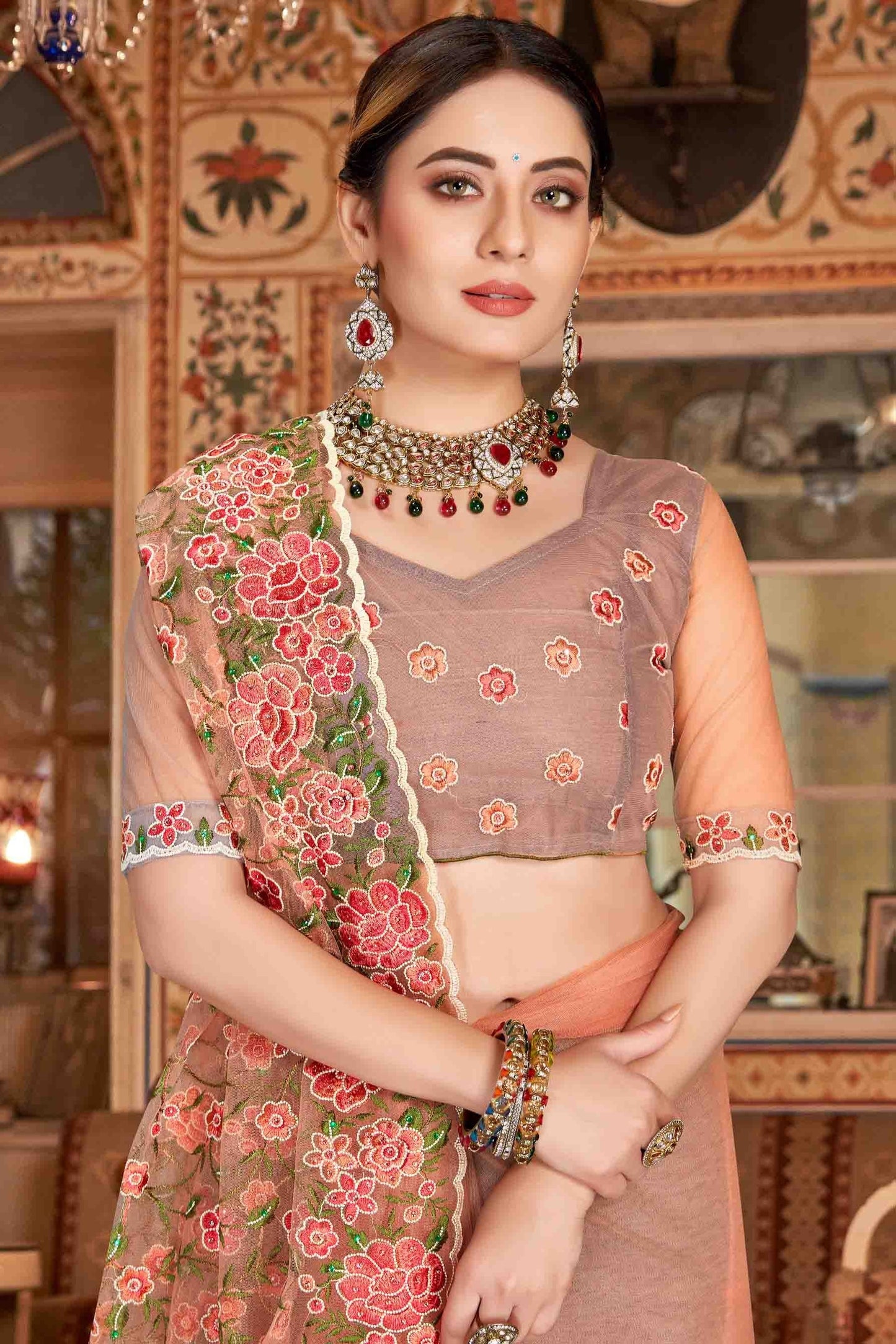 Dusty Peach Colour Net Designer Saree SD1090527 A