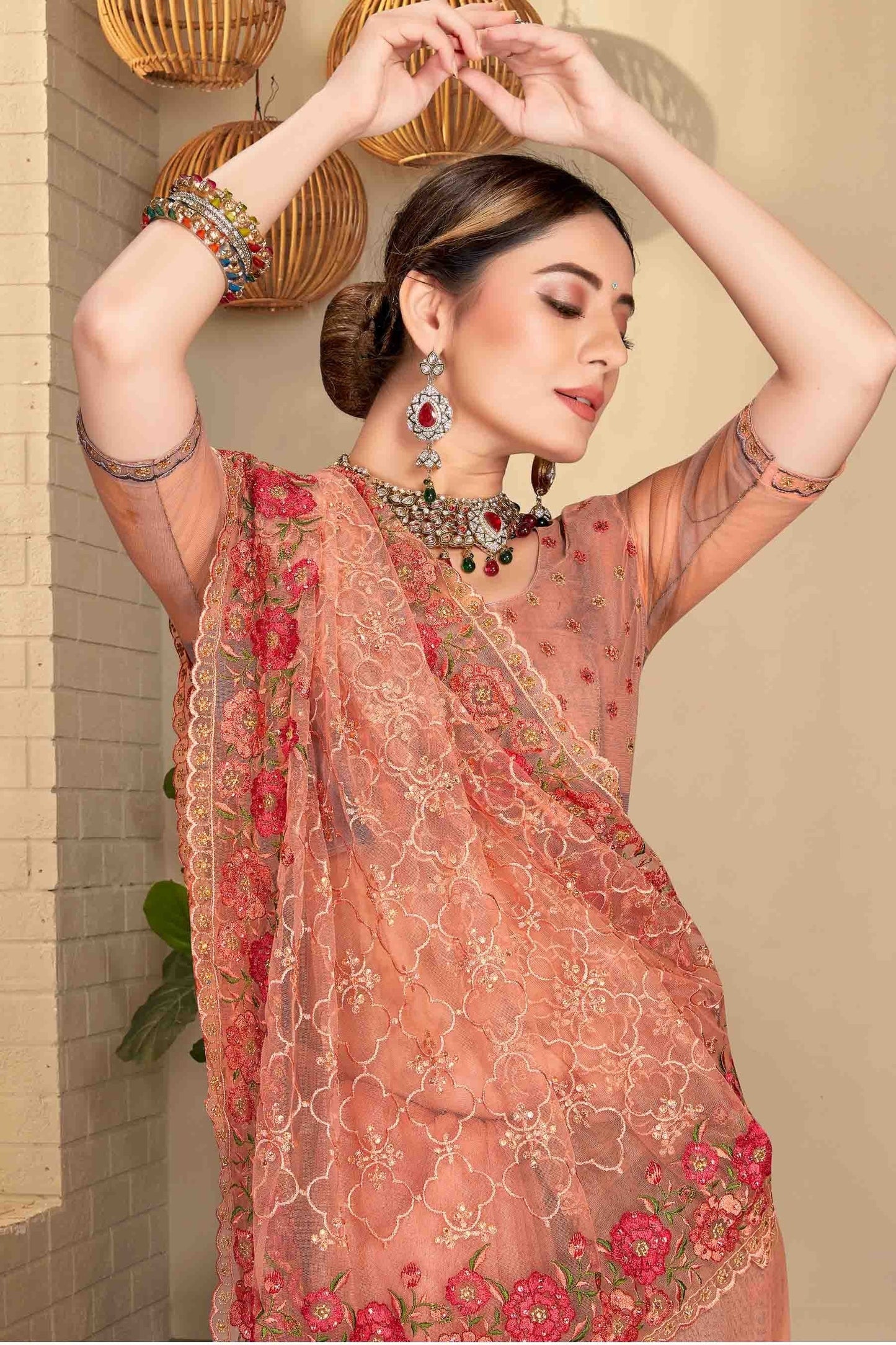 Dusty Peach Colour Net Designer Saree SD1090586 A