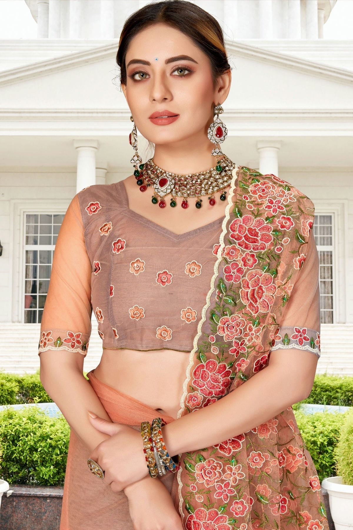Dusty Peach Colour Net Saree SD1090757 A