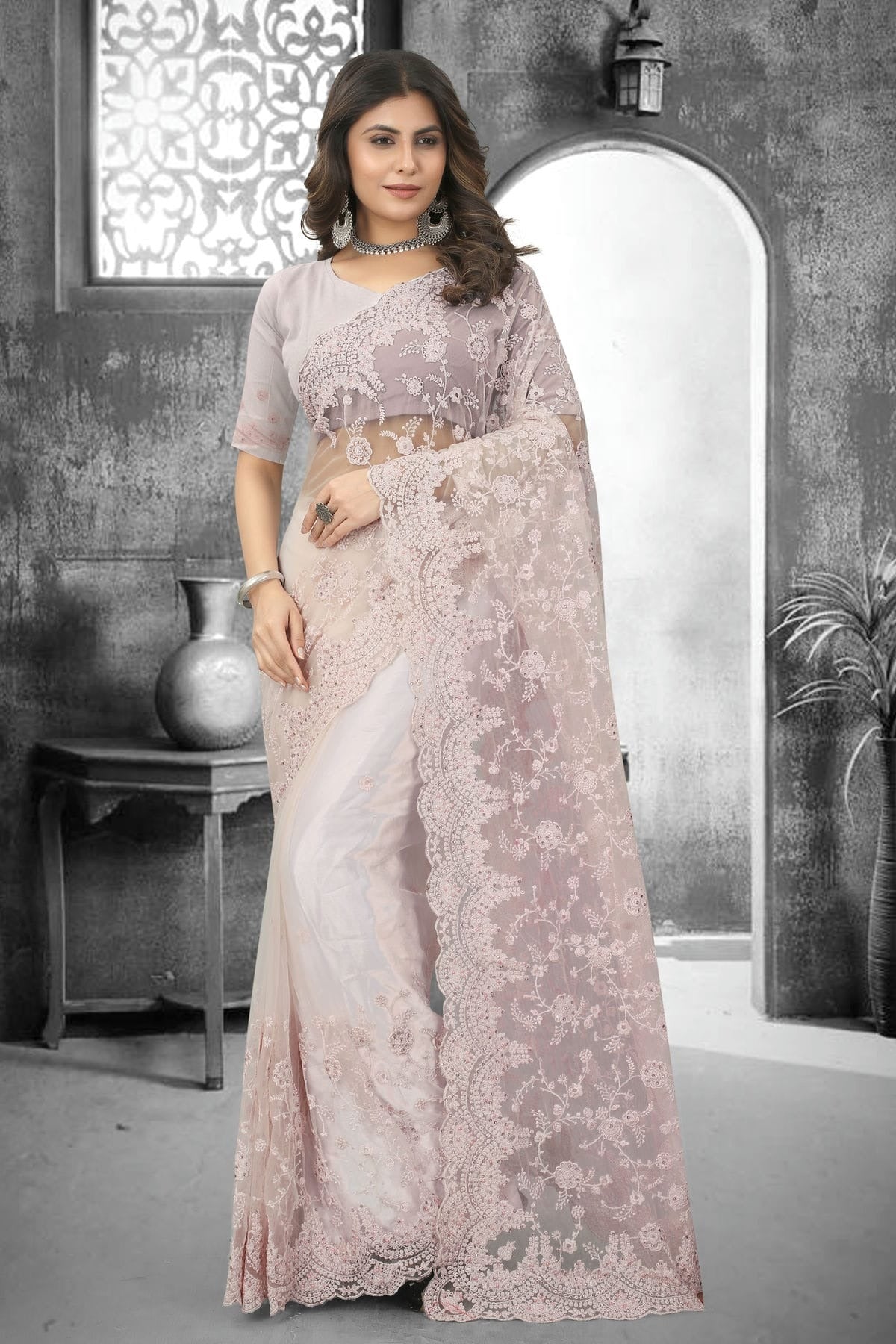 Dusty Peach Colour Net Saree SD1090851