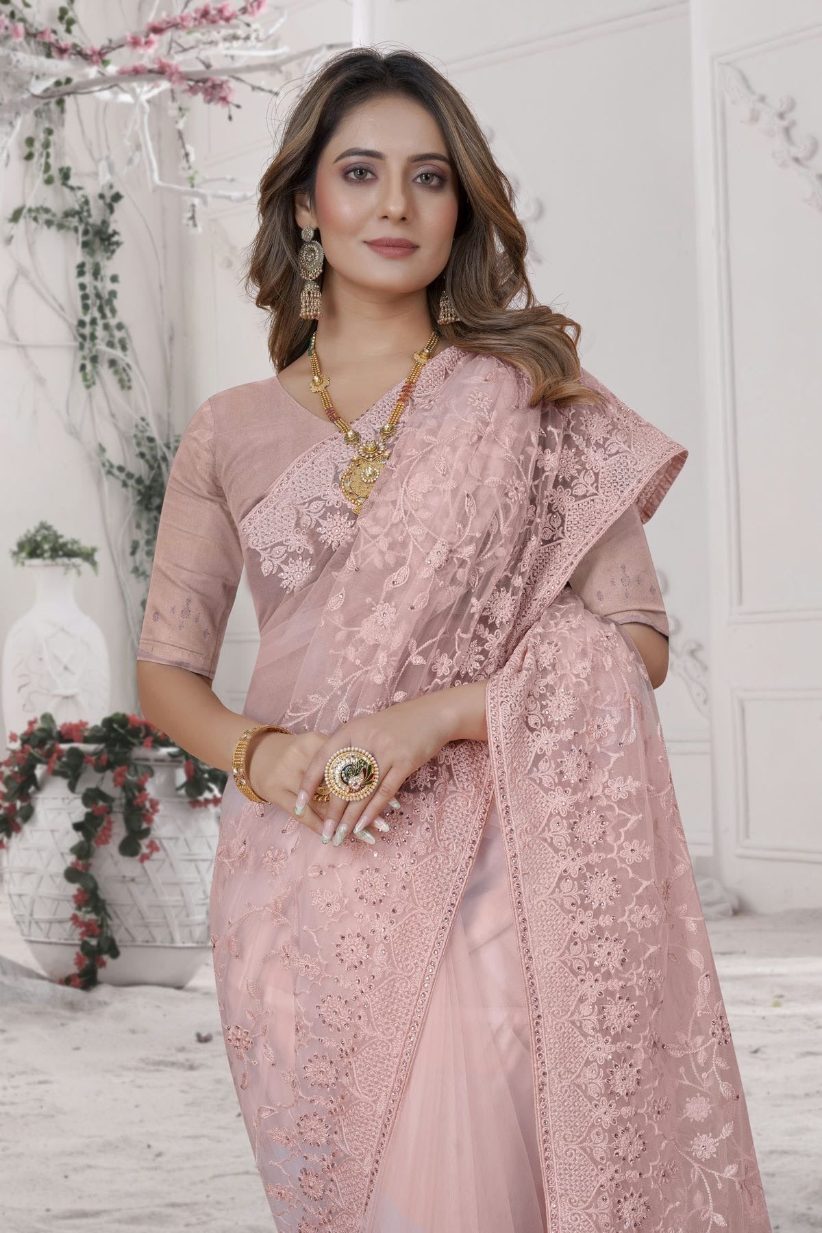 Dusty Peach Colour Net Saree SD1090879 A