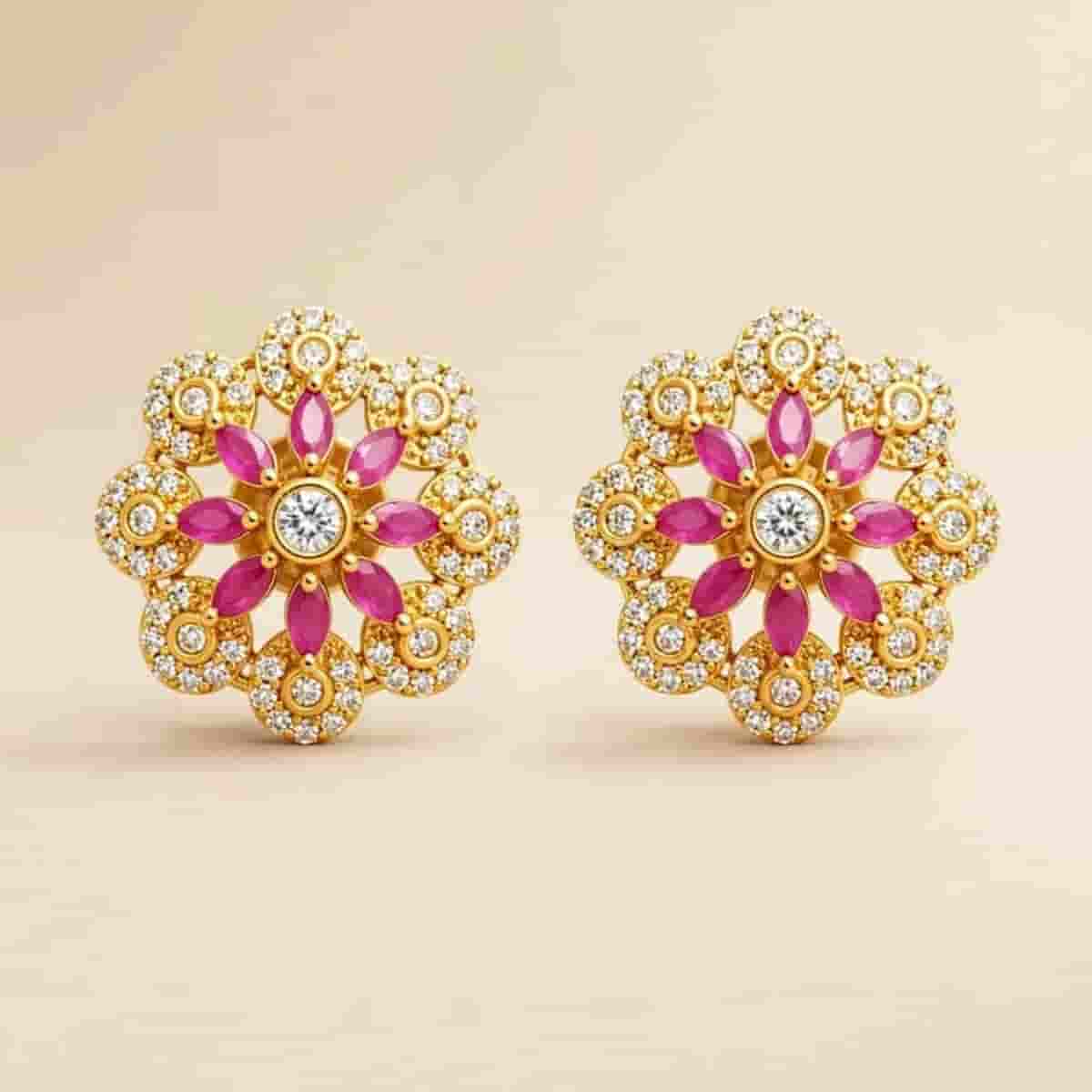 Elegant Pink Floral Stud Earrings with Micro Gold Tone Finish & Crystal Detailing