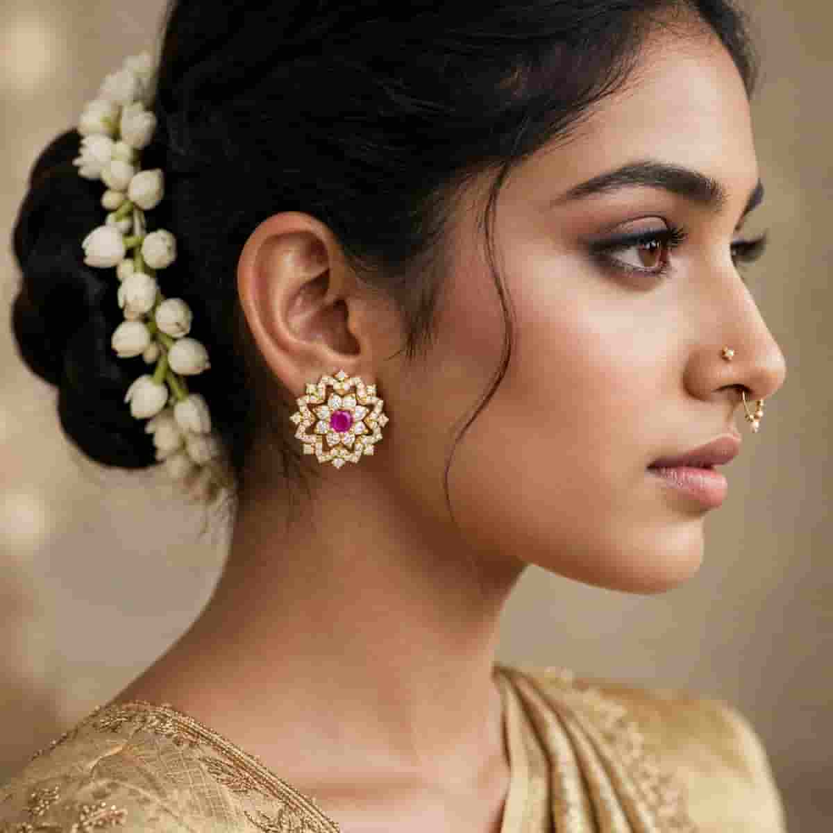 Elegant Pink Stone Floral Stud Earrings with Sparkling Crystal Detailing