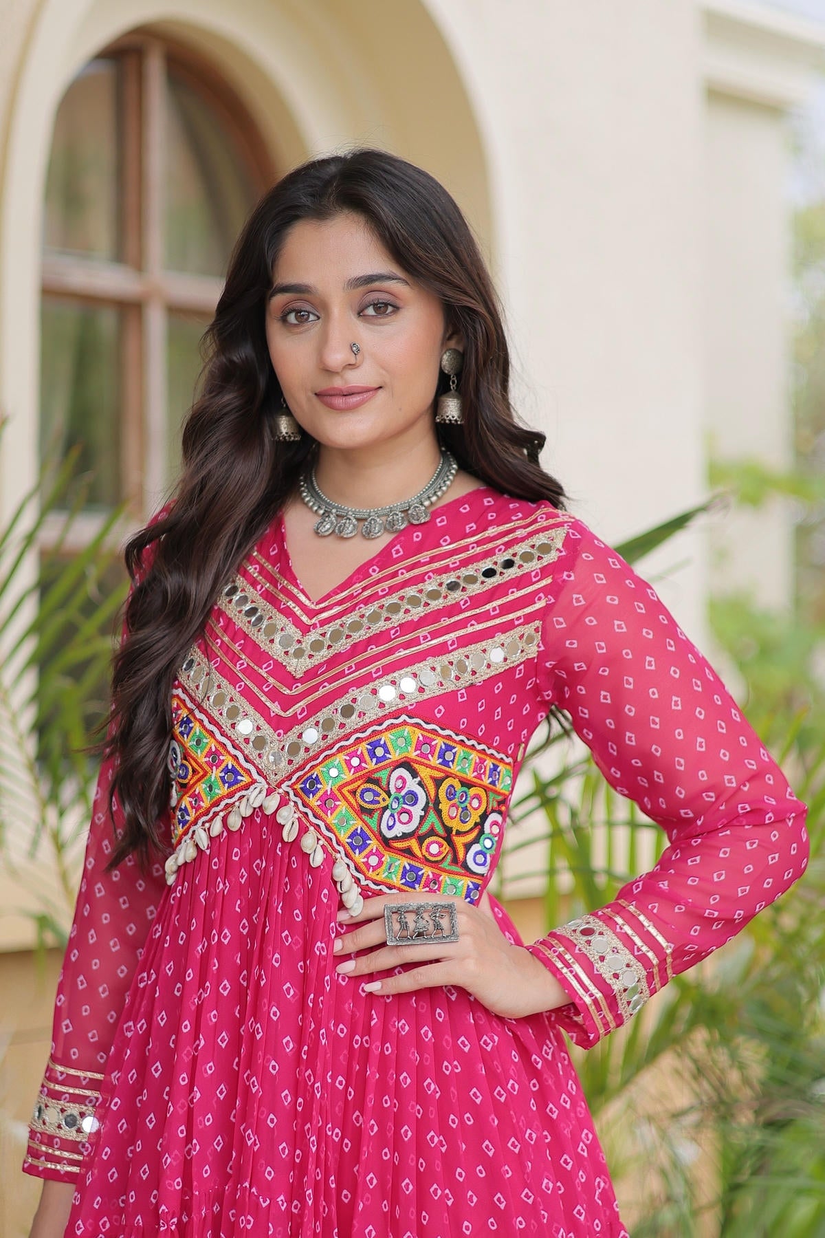 Faux Georgette Printed Stitched Gown In Pink Colour