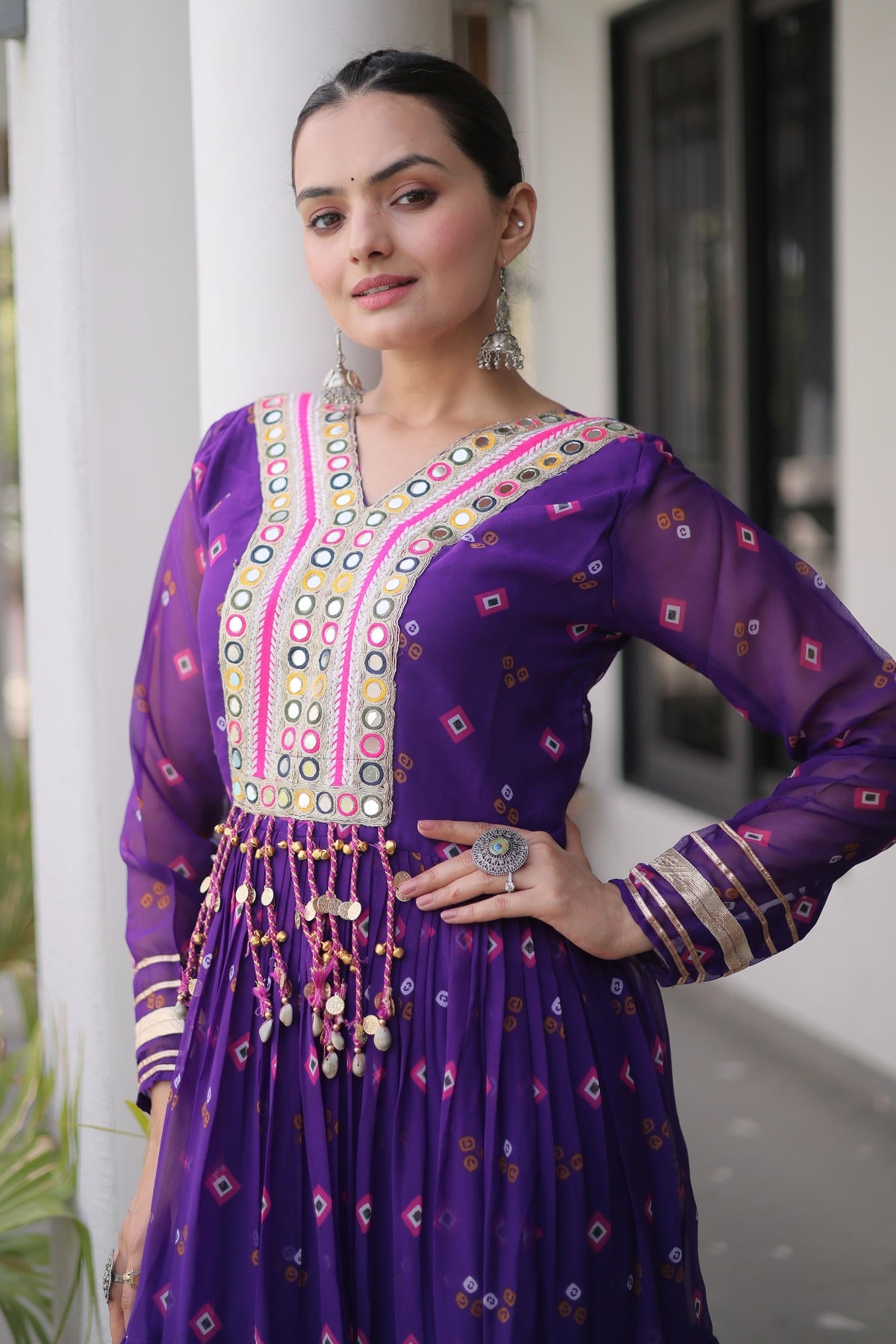 Faux Georgette Printed Stitched Gown In Purple Colour