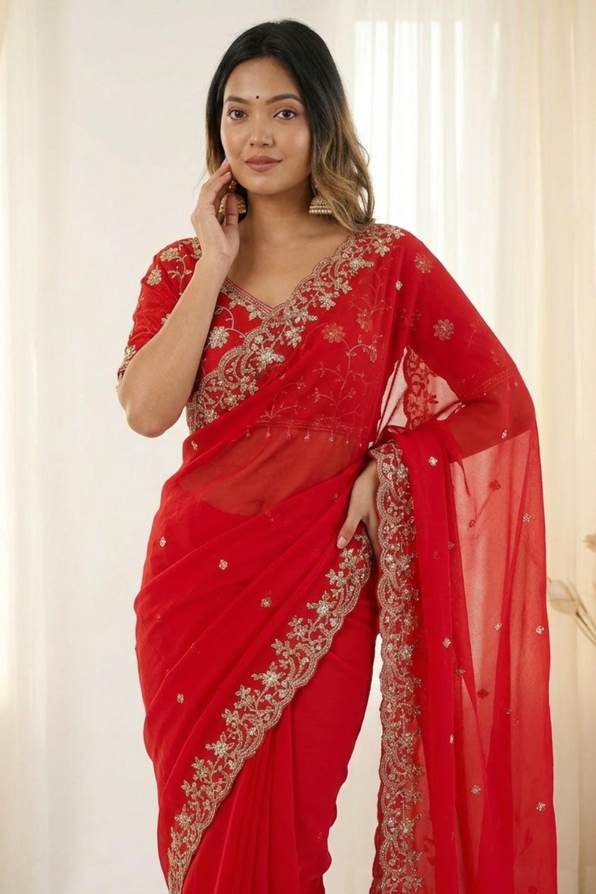Fendy Satin Embroidery Designer Saree In Red Colour