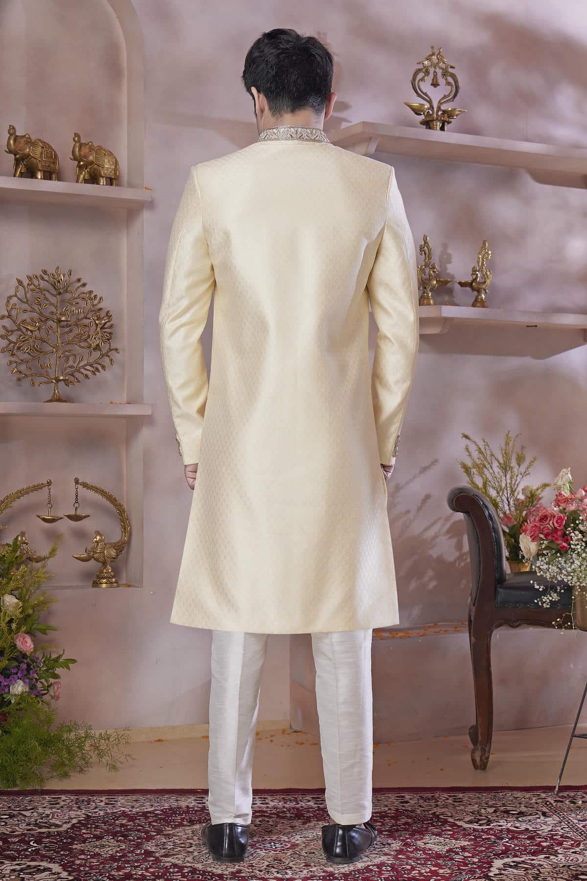 Gold Colour Jacquard Banarasi Silk Embroidery Work Sherwani