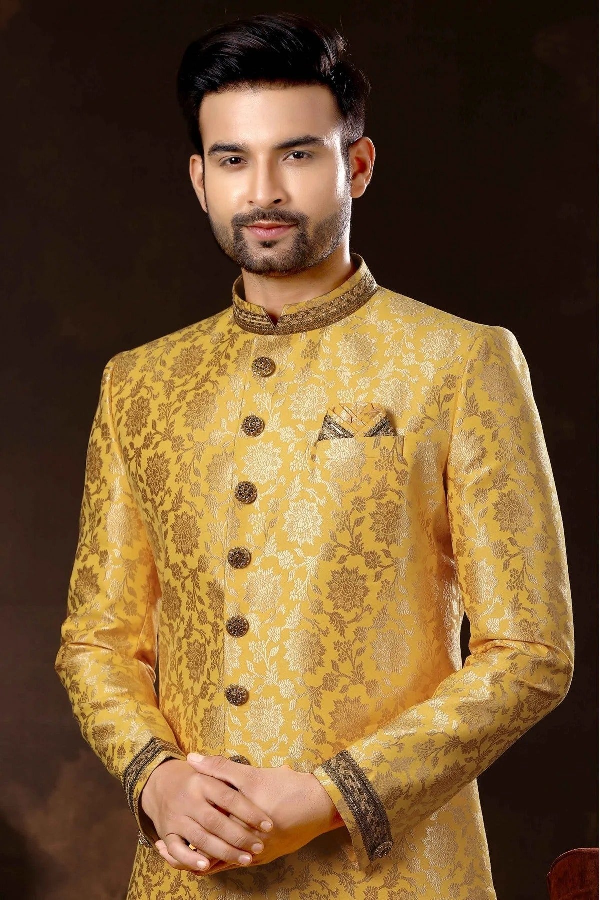 Gold Colour Jacquard Sherwani SH1040356 A