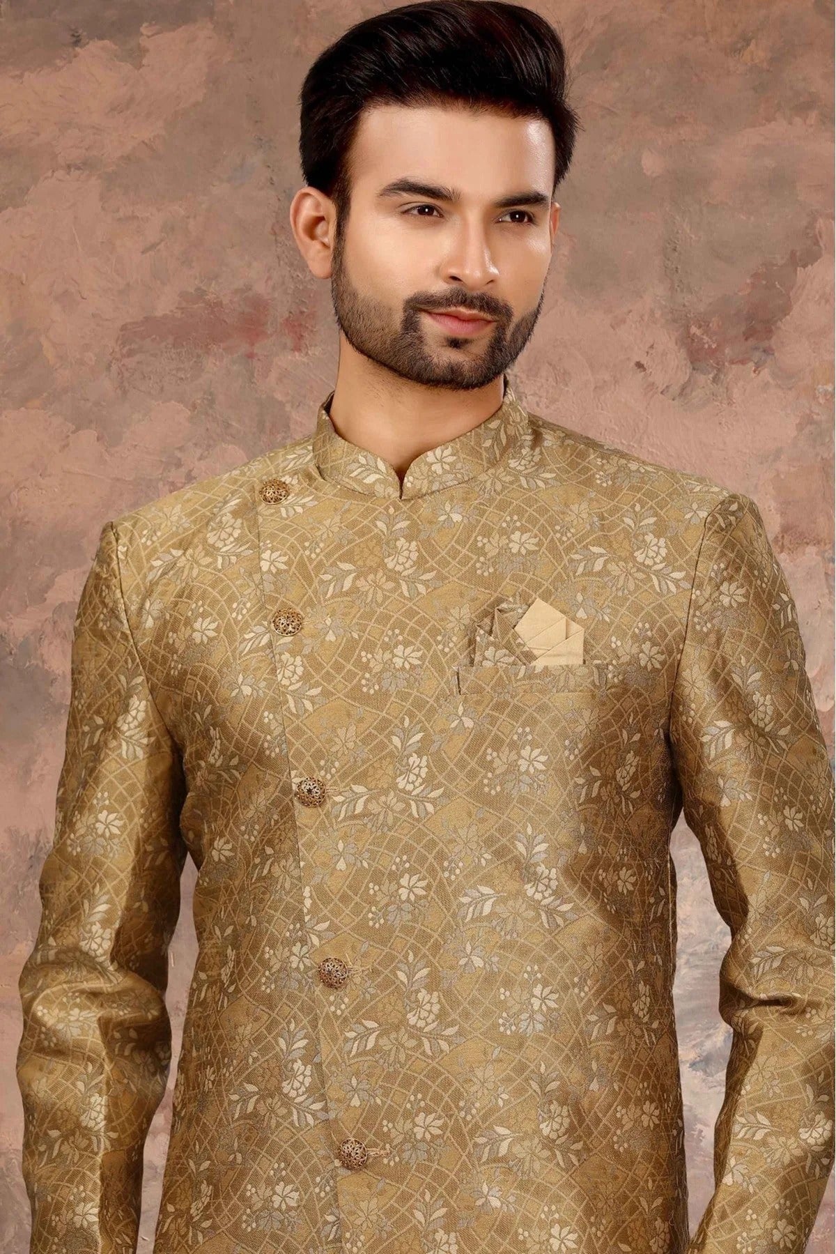 Gold Colour Jacquard Thread Work Sherwani SH1040353 A