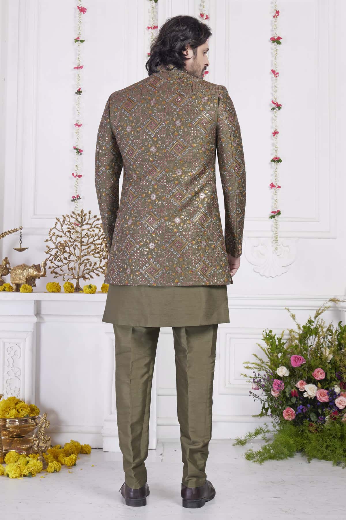 Green Art Silk Embroidery Work 3 Pcs Jacket Set