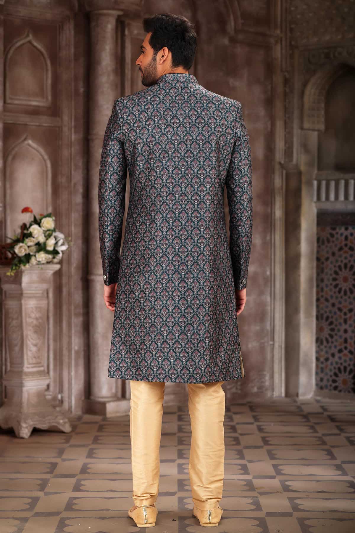Green Colour Art Silk Digital Printed Work indo western Sherwani
