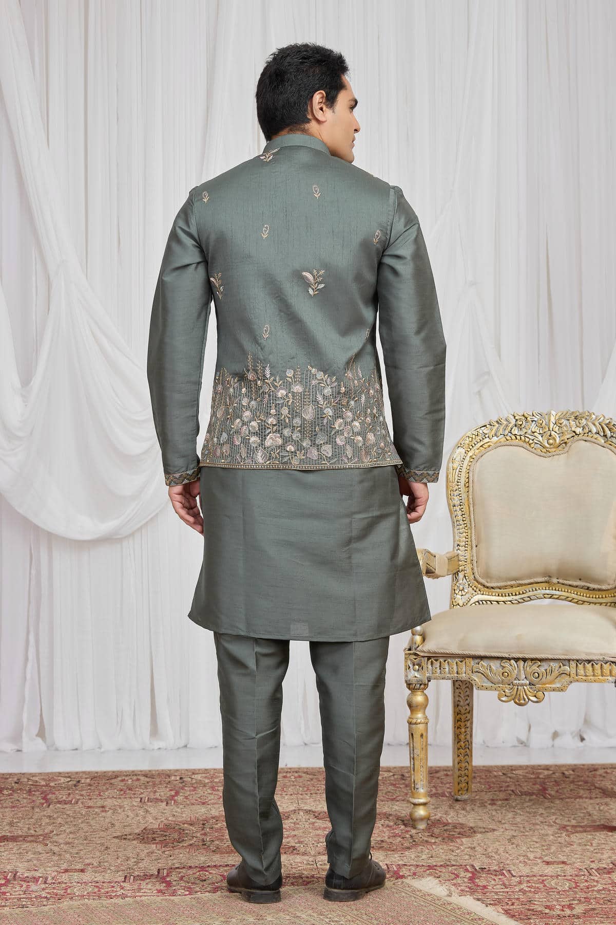 Green Colour Art Silk Embroidery Work 3 Pcs Kurta Jacket Set KP1230612