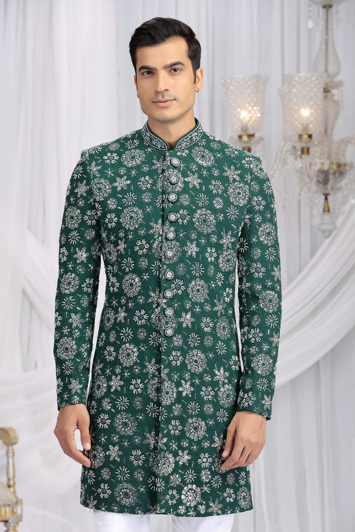 Green Colour Art Silk Embroidery Work Sherwani
