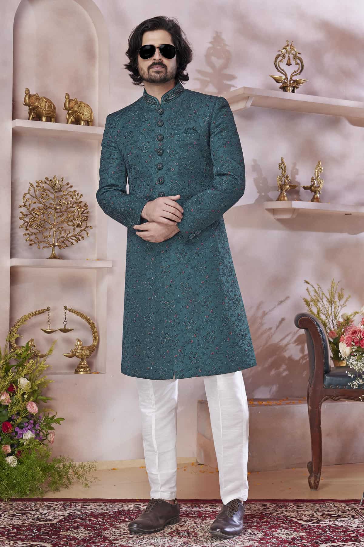 Green Colour Art Silk Embroidery Work Sherwani