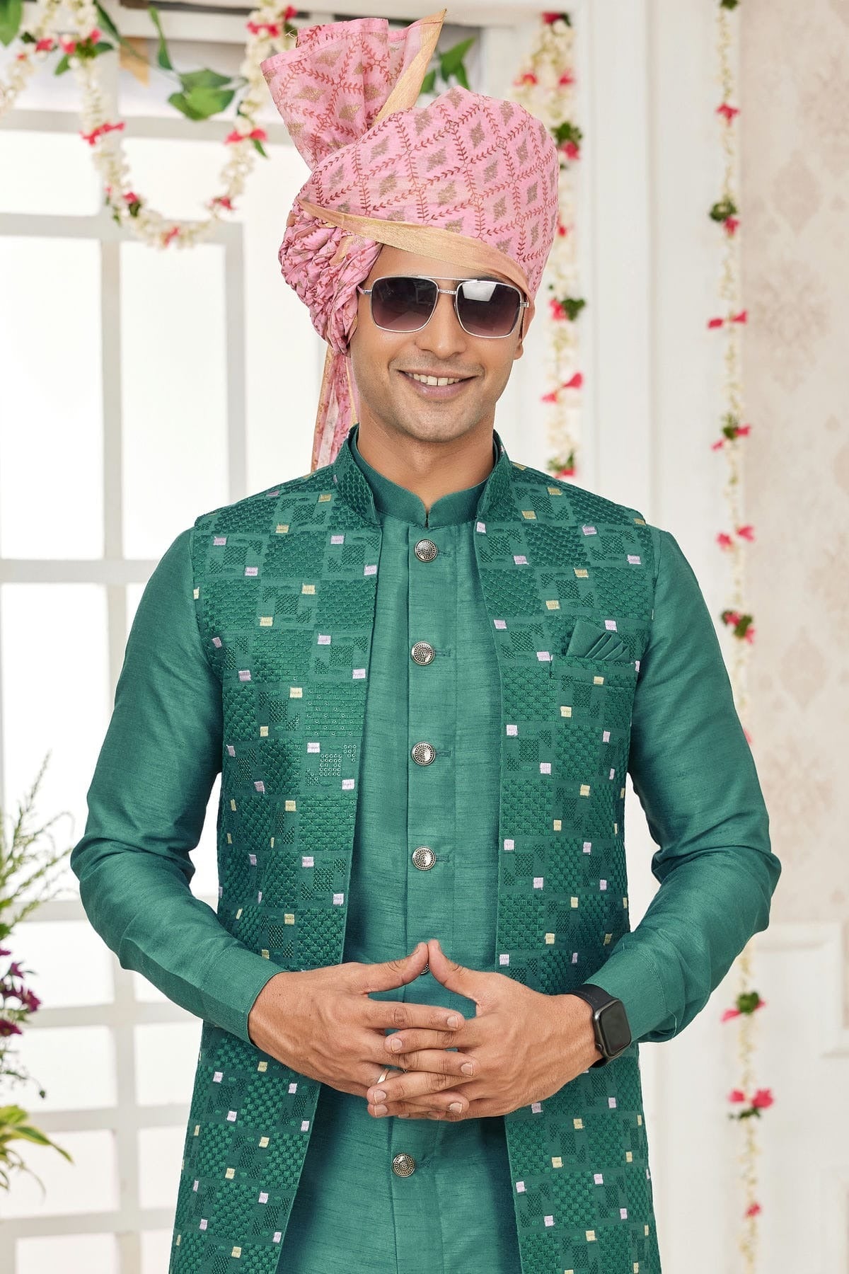 Green Colour Art Silk Kurta Pajama With Jacket KP1230268 B